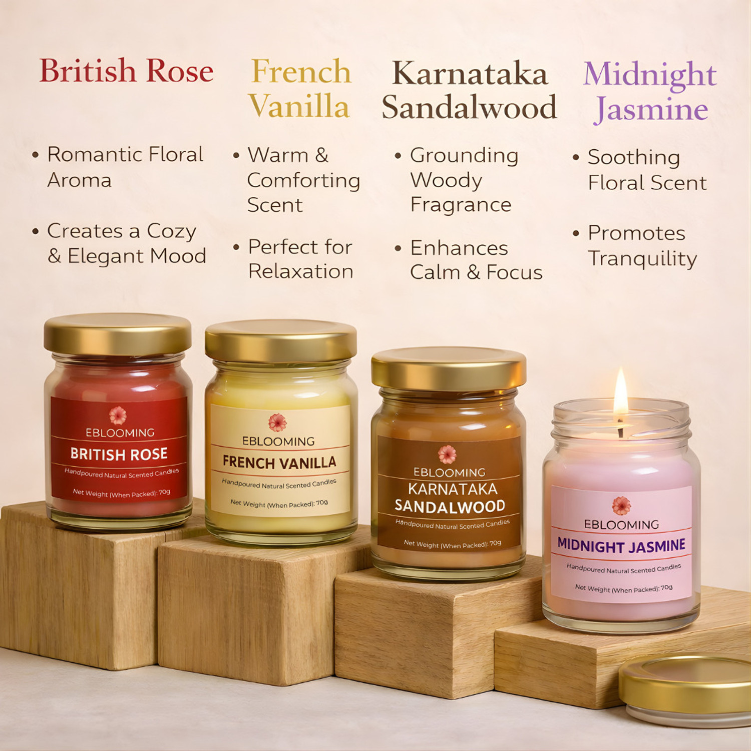 Image of EBLOOMING Scented Candles Set for home in Glass Jars I Rose, Vanilla, Sandalwood & Jasmine Candle