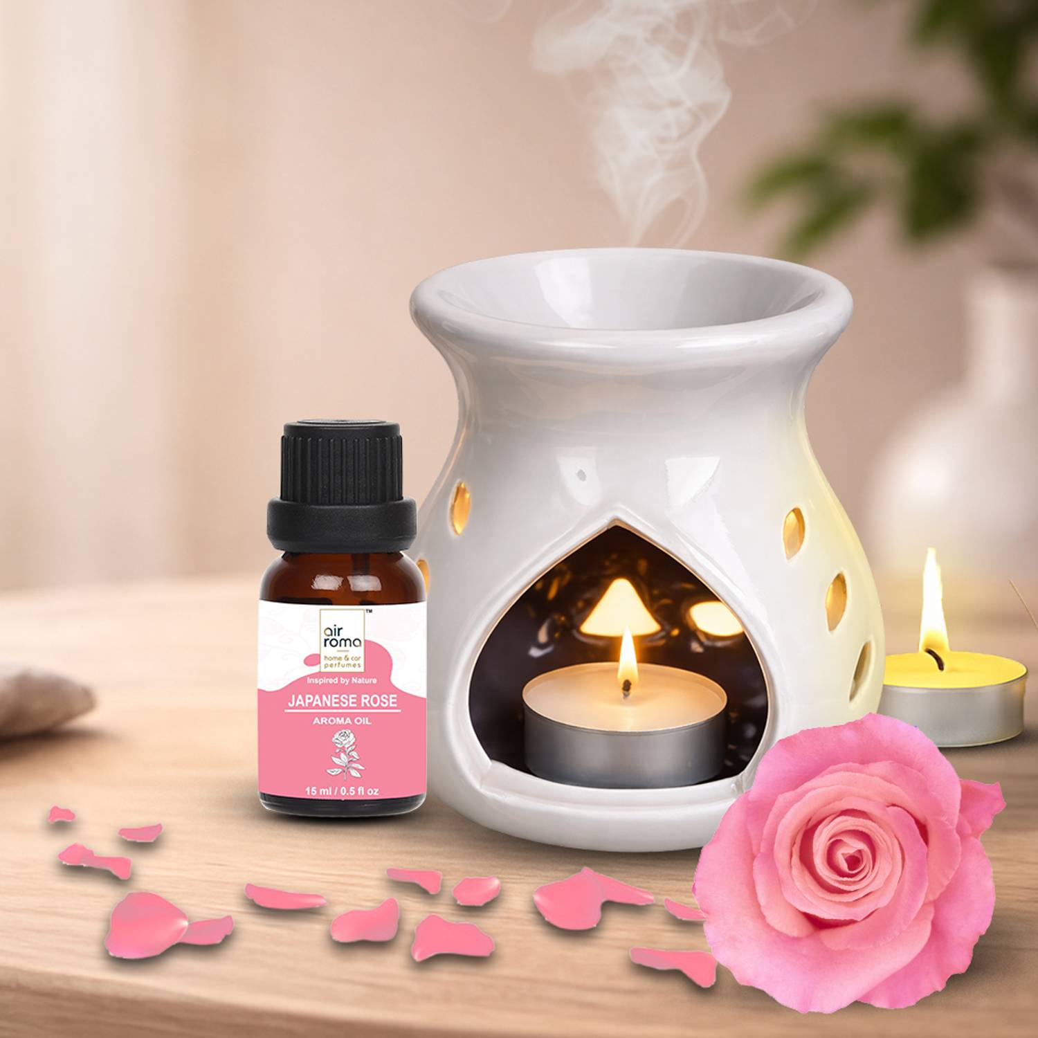 Airroma Ceramic White Aroma Burner/Diffuser Set with 10ml Japanese Rose oil & 2 Pcs Candles Candle