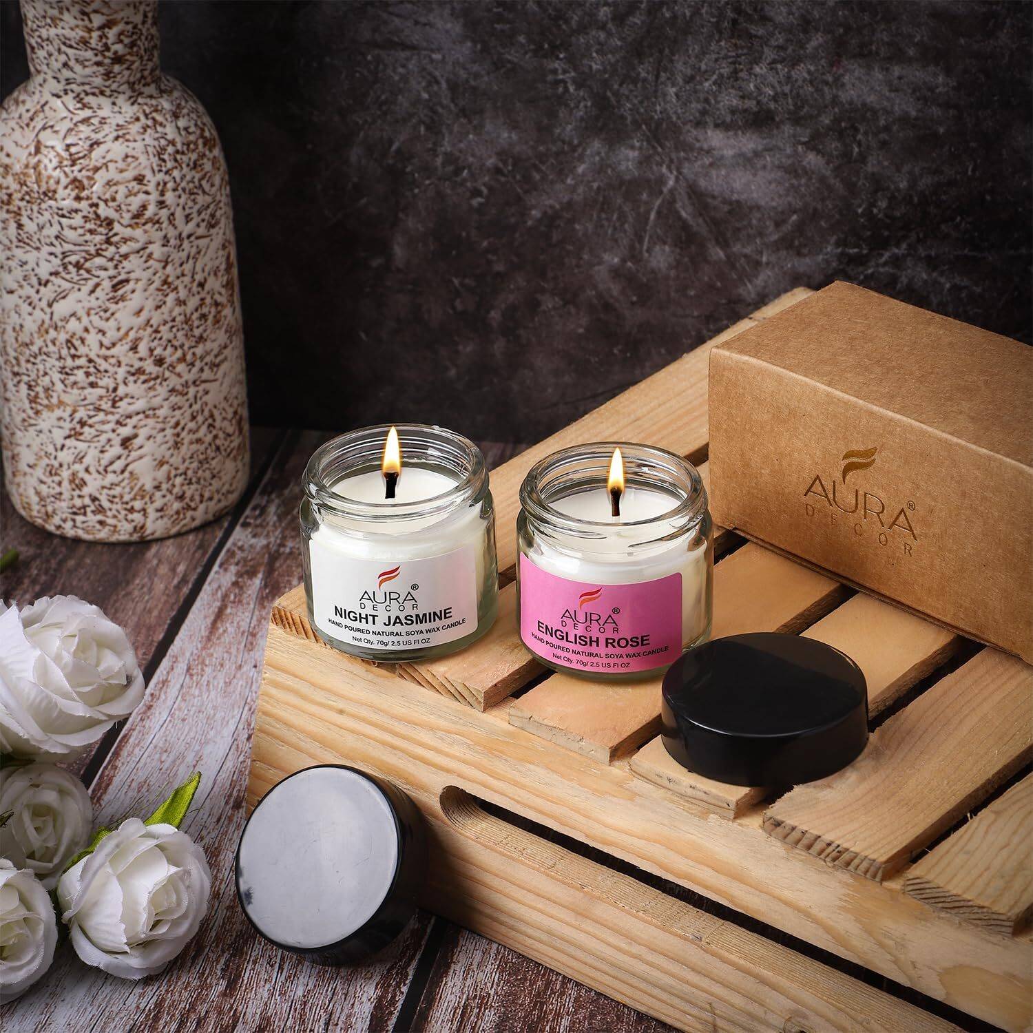 AuraDecor Scented Soy Wax Jar Candle Long-Lasting Candles (English Rose+Night Jasmine) Candle