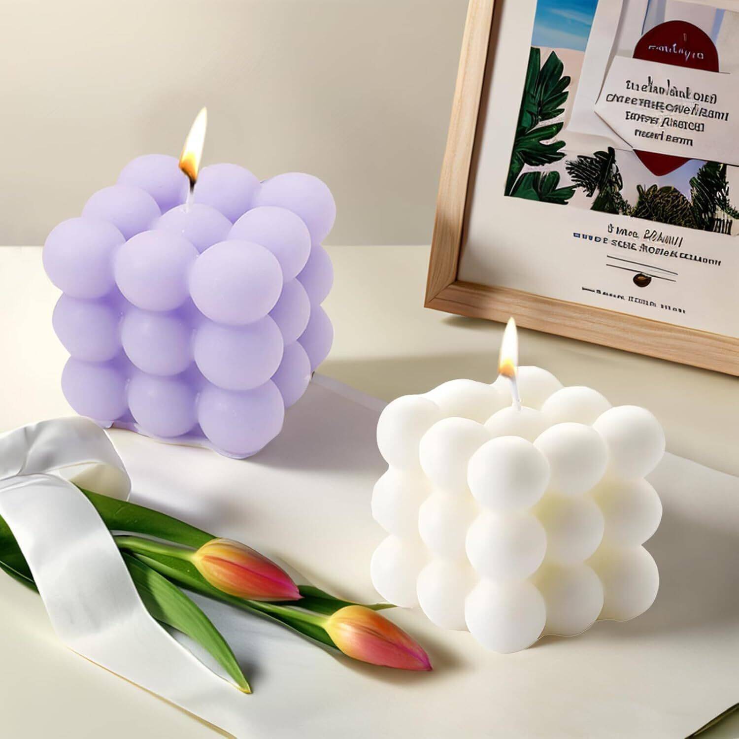 Aile Craft Lavender & Jasmine Scented Bubble Candle Soy Wax Aromatherapy Cube Shaped Candle Candle