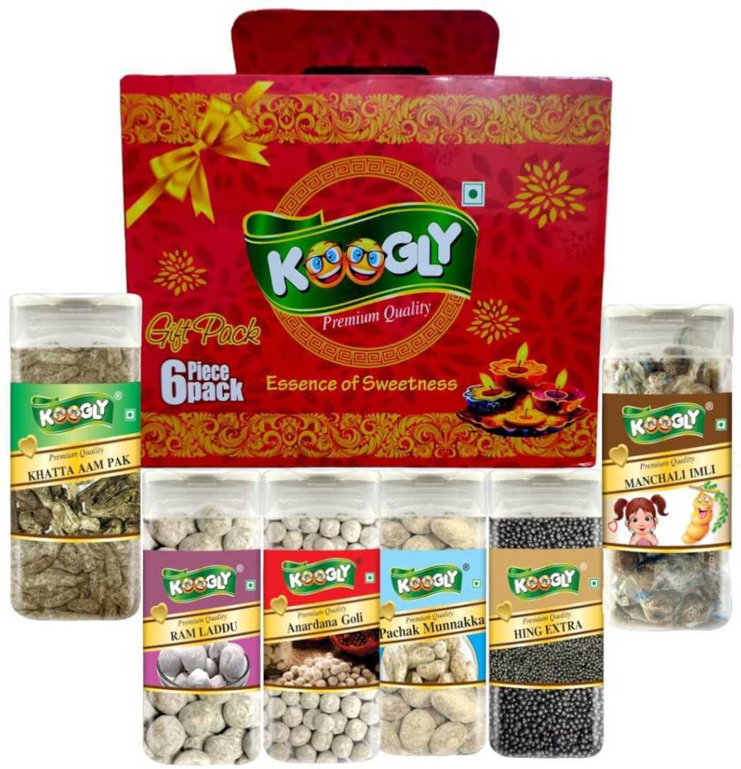 Koogly Diwali Gift Hamper Item Mouth Freshener Combo Box Khatta Aampak, Ram Laddu, Anardana goli, Manchali Imli, Munakka Pachak, Hing Extra Mouth Freshener