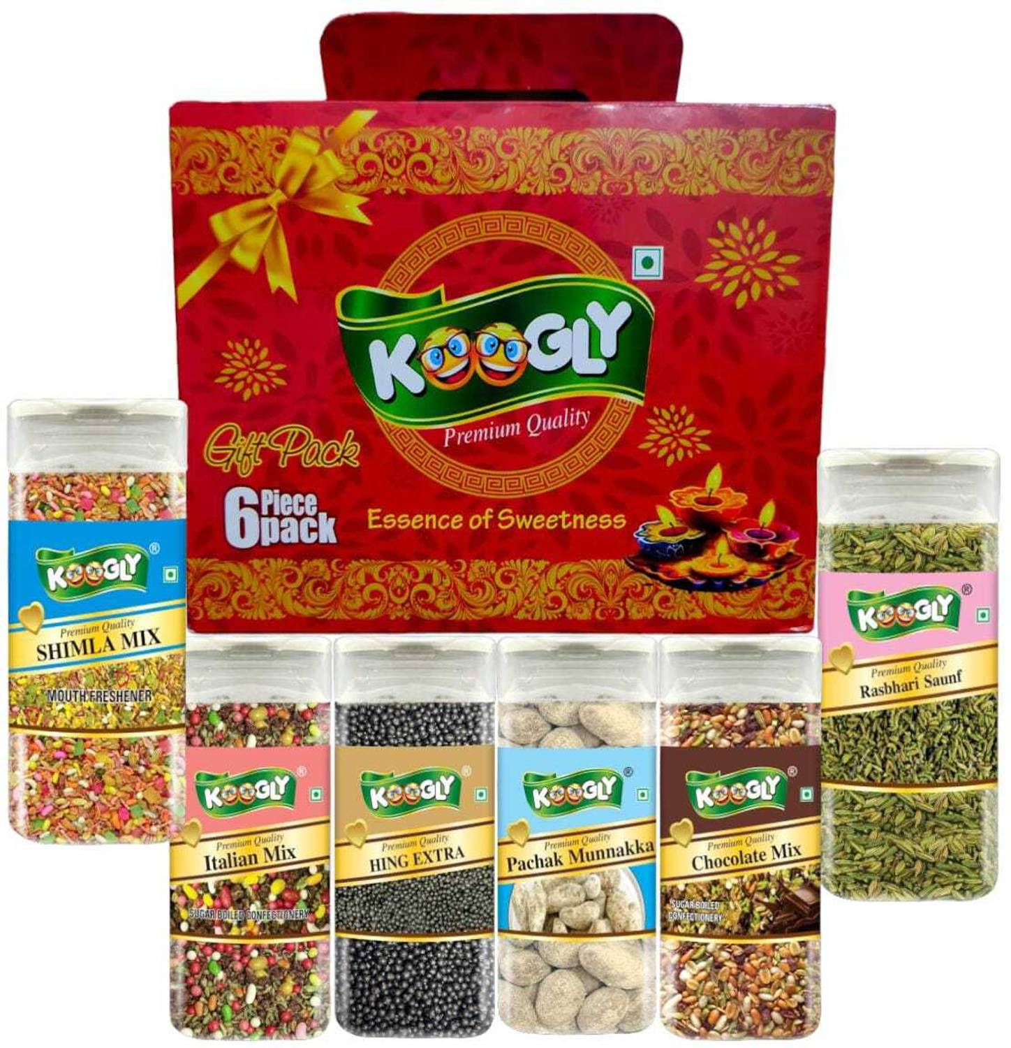Koogly Diwali Gift Hamper Item Mouth Freshener Combo Box italian mix, Rasbhari saunf, Shimla Mix, Chocolate Mix, Munakka Pachak, Hing Extra Mouth Freshener