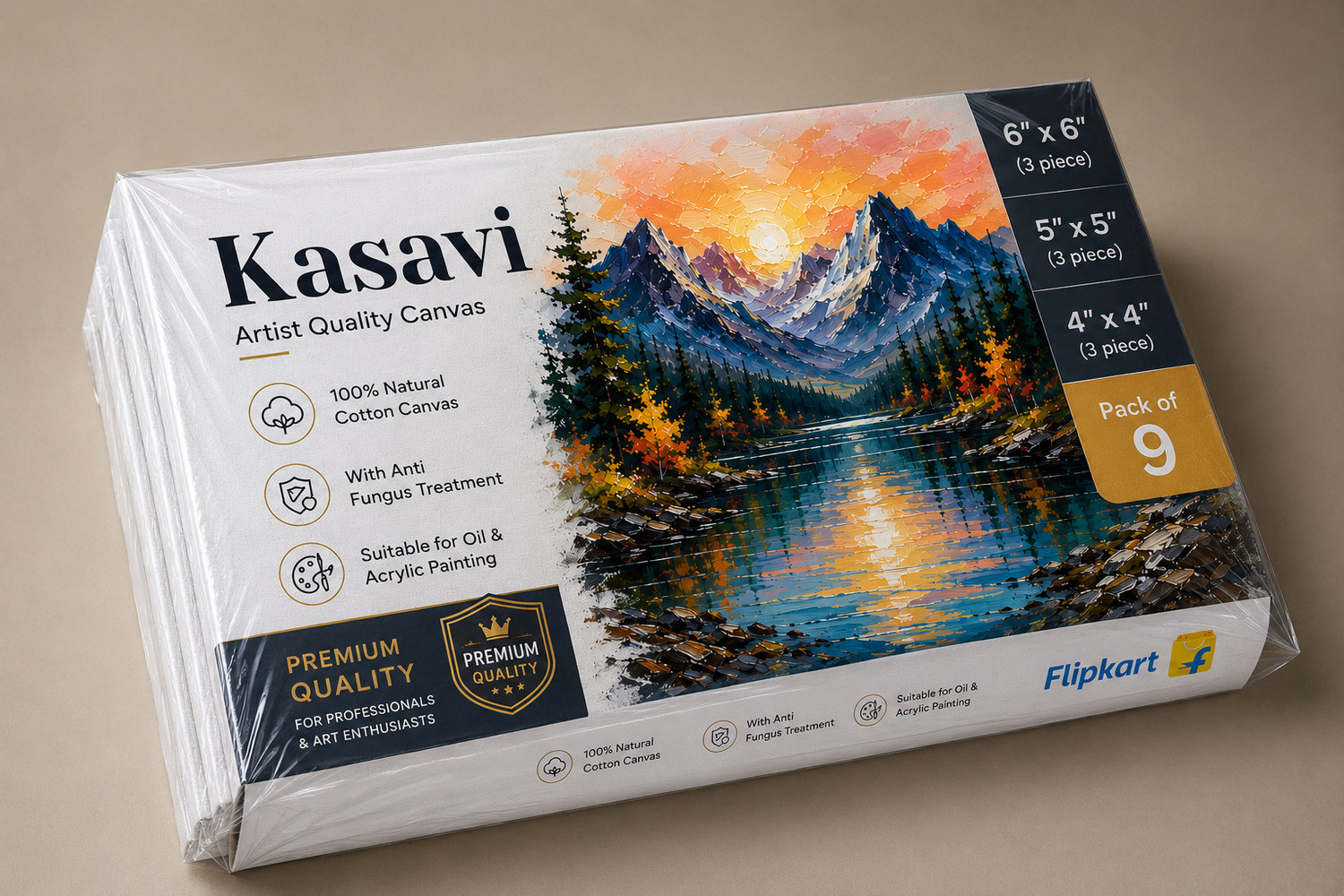 Image of Kasavi 6X6(3) 5X5(3) 4X4(3) CANVAS BOARD Cotton Medium Grain Board Canvas (Set of 9) (White)