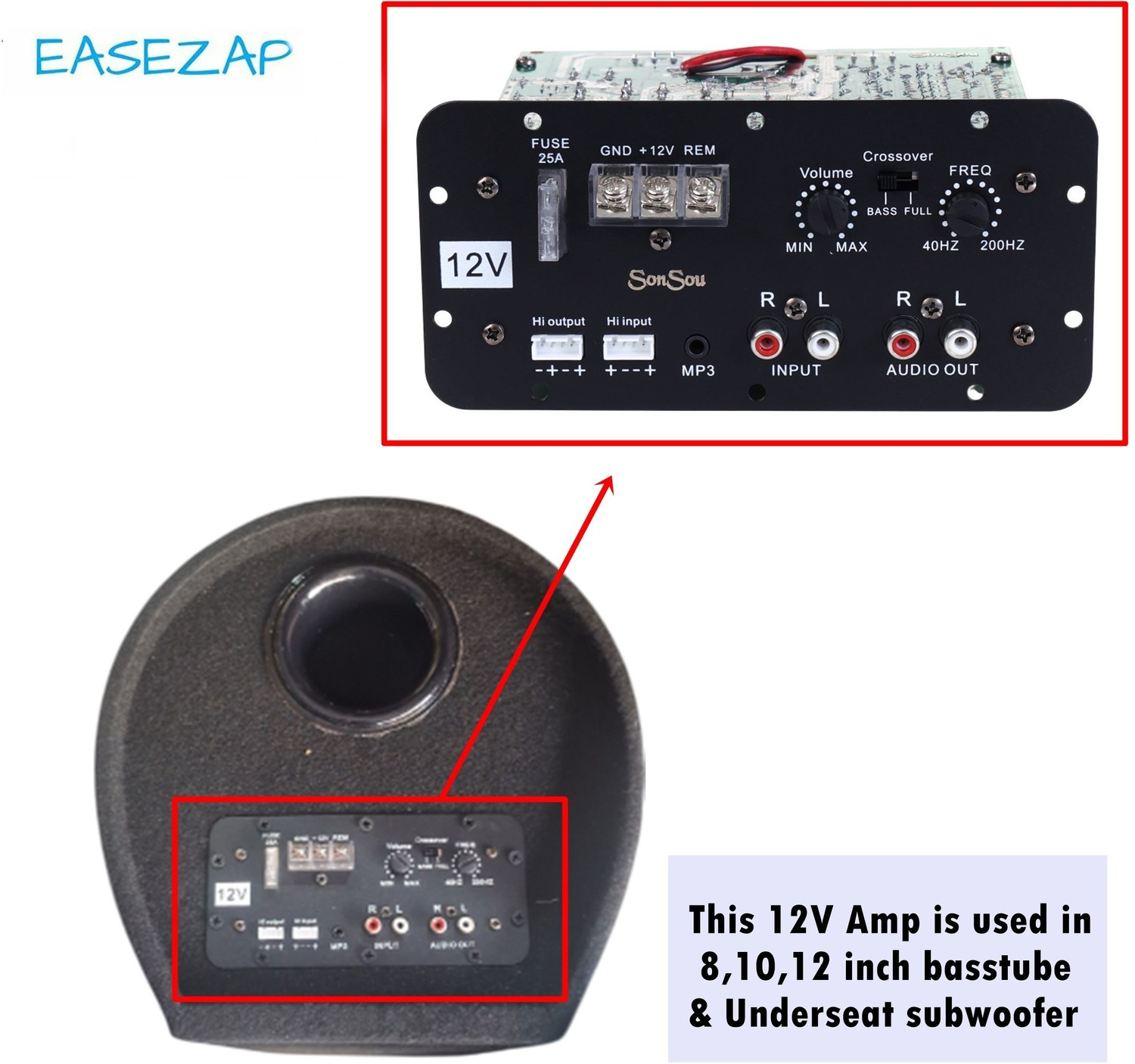 Image of EASEZAP 200W Pure Bass Amplifier board for 8, 10 & 12 inch Sub-woofer speaker Mono Class AB Car Amplifier