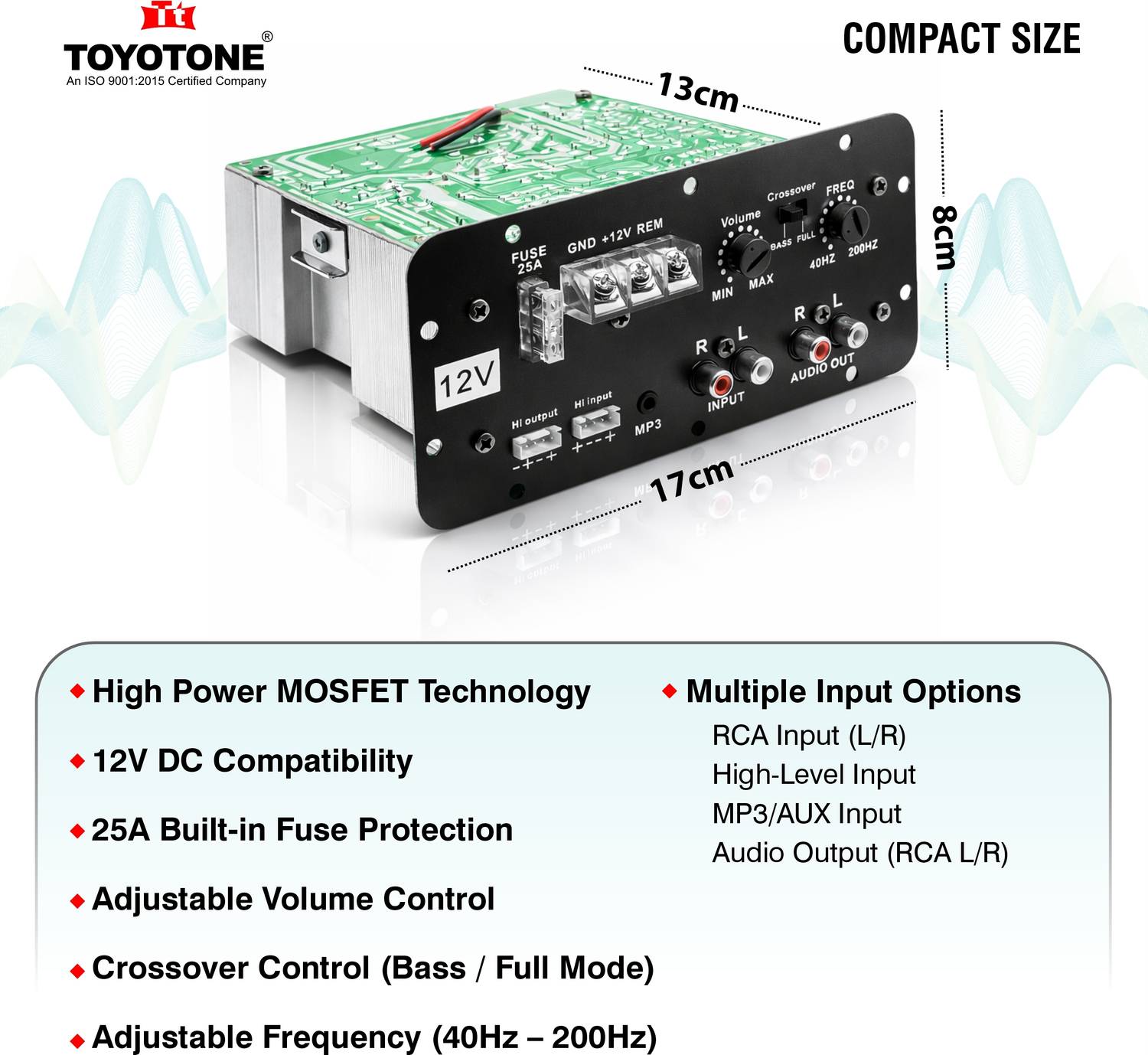 Toyotone 12V 120W Mono Car Amplifier with Bass Tube Sub Woofer - Image 2