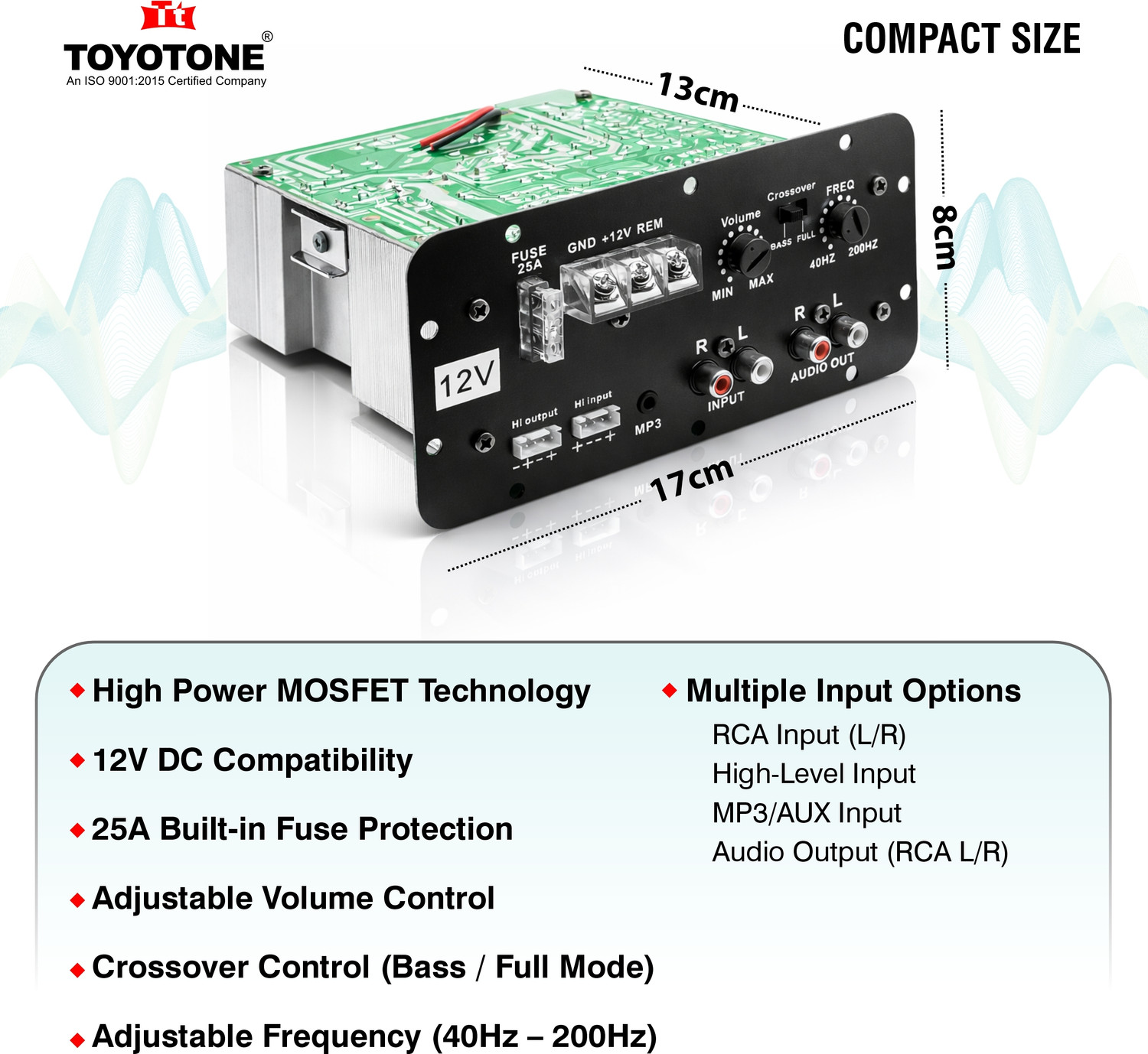 Image of TOYOTONE 12V Mono Channel 120W Car Amplifier, Bass Tube Sub Woofer kit (2 FUSE INCLUDED) Mono Class AB Car Amplifier