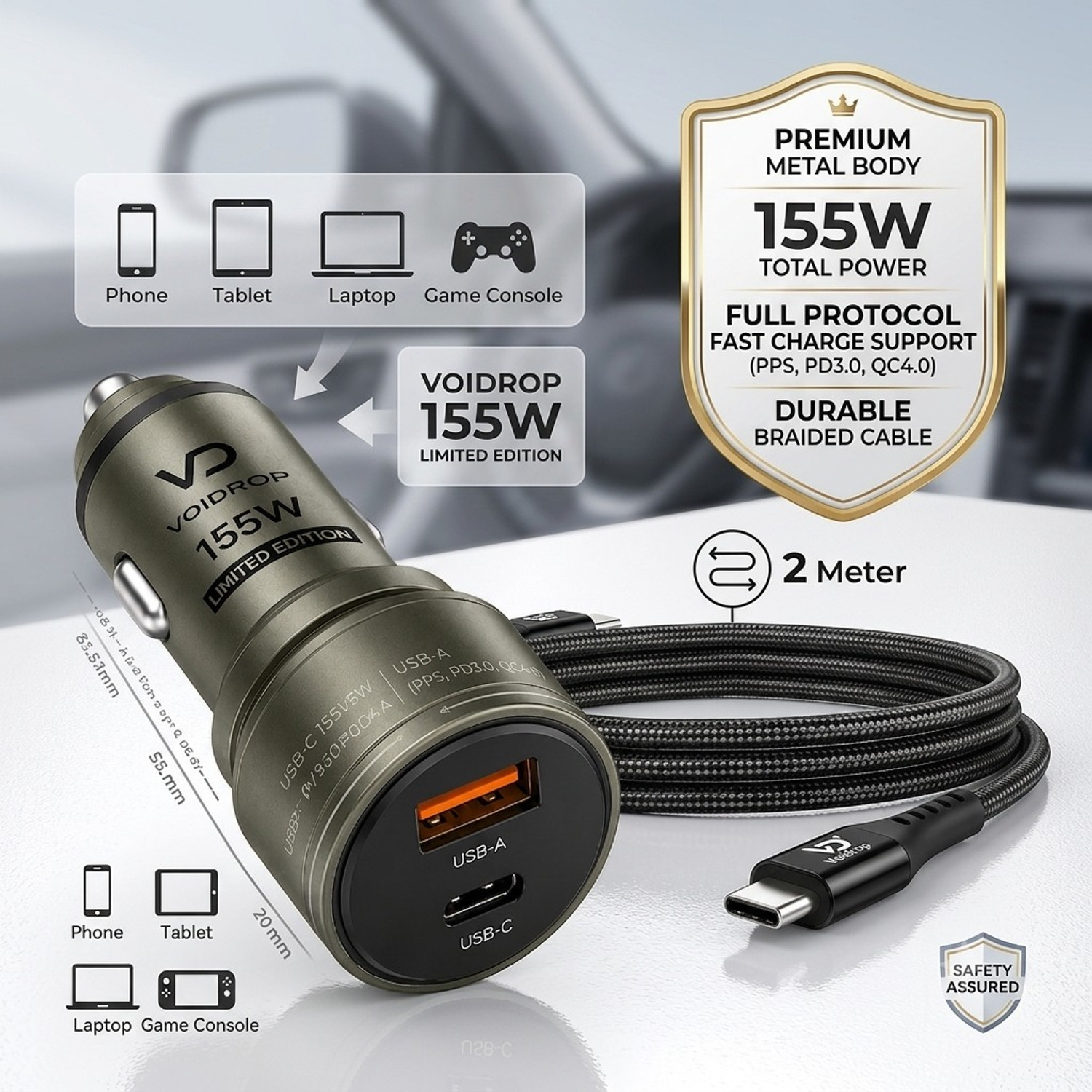 Image of VoiDrop 155 W Qualcomm 3.0 Turbo Car Charger