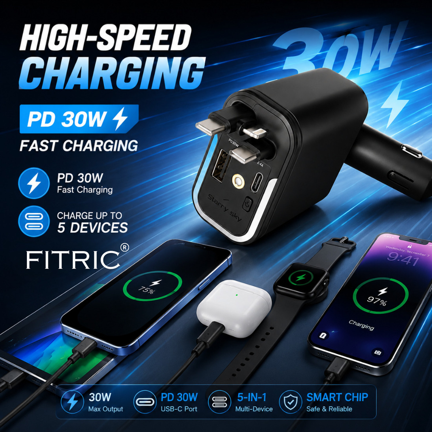 Image of FITRIC 120 W Turbo Car Charger (Black, With USB Cable)