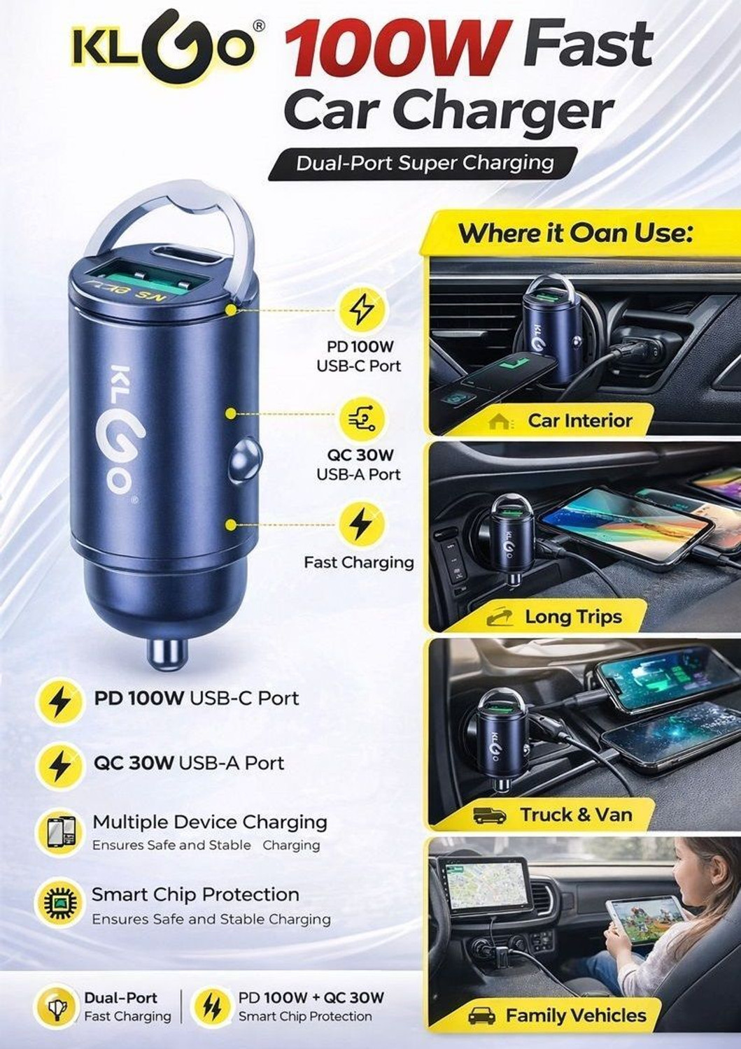 Image of KLGo 100 W Qualcomm Certified Turbo Car Charger