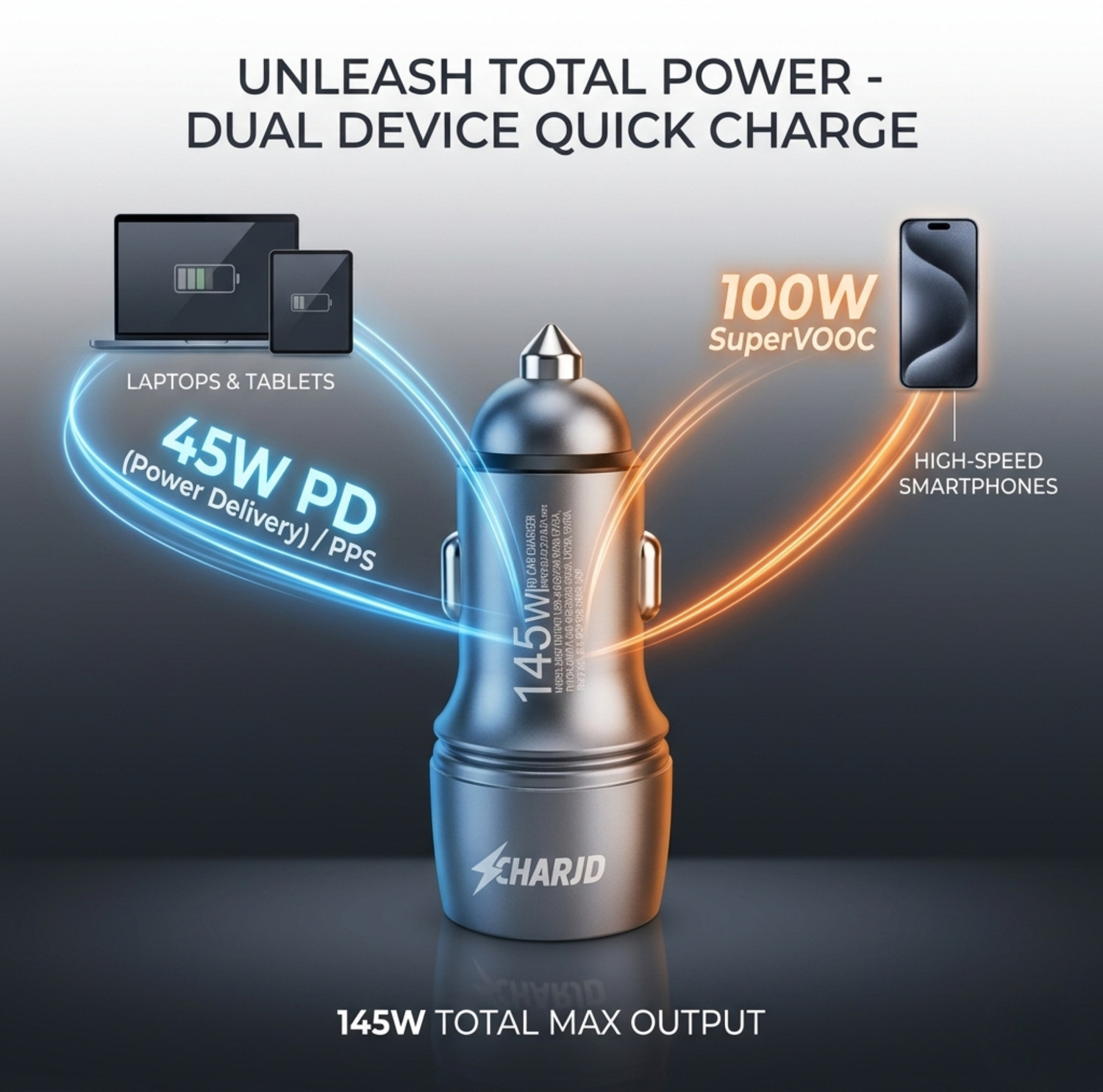 Image of CHARJD 145 W Qualcomm 3.0 Turbo Car Charger