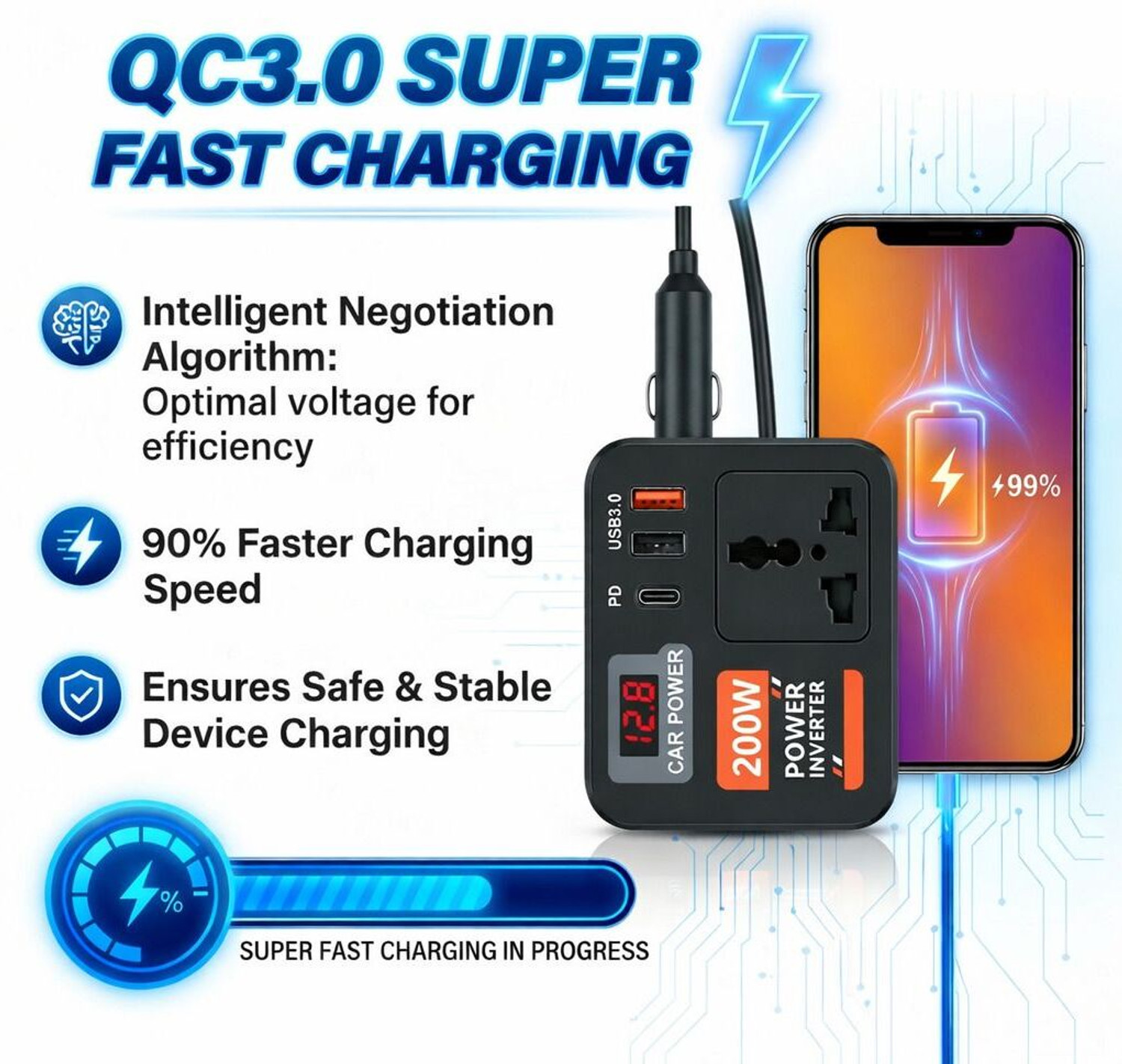 Image of Fire Turtle 200 W Qualcomm 3.0 Turbo Car Charger