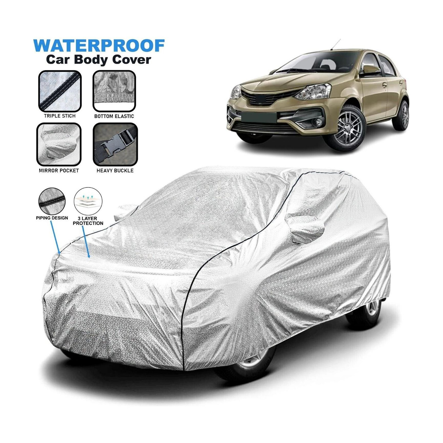 Image of Grizzly Car Cover For Toyota Etios Liva, Etios Liva 1.2 G Petrol, Etios Liva 1.2 GX Petrol, Etios Liva 1.2 V Dual Tone Petrol, Etios Liva 1.2 V Petrol, Etios Liva 1.2 VX Dual Tone Petrol, Etios Liva 1.2 VX Petrol, Etios Liva 1.4 GD Diesel, Etios Liva 1.4 GXD Diesel, Etios Liva 1.4 VD Diesel, Etios Liva 1.4 VD Dual Tone Diesel, Etios Liva 1.4 VXD Diesel, Etios Liva 1.4 VXD Dual Tone Diesel, Etios Liva G, Etios Liva GD, Etios Liva J, Etios Liva JD, Etios Liva V, Etios Liva V Limited Edition, Etios Liva VD, Etios Liva VD Limited Edition, Etios Liva VX, Etios Liva VX Limited Edition Petrol, Etios Liva VXD, Etios Liva VXD Limited Edition Diesel (With Mirror Pockets)