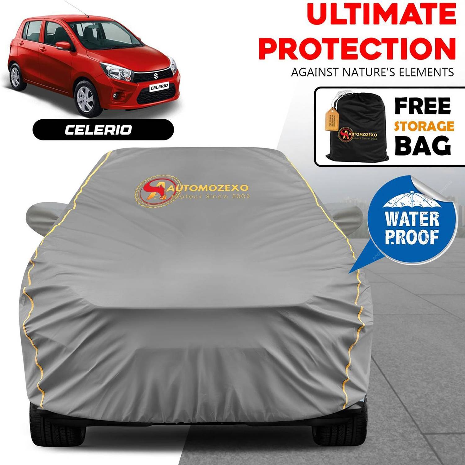 AUTOMOZEXO Car Cover For Maruti Celerio, Celerio Green VXI, Celerio LDI Optional, Celerio VXI Petrol (With Mirror Pockets)