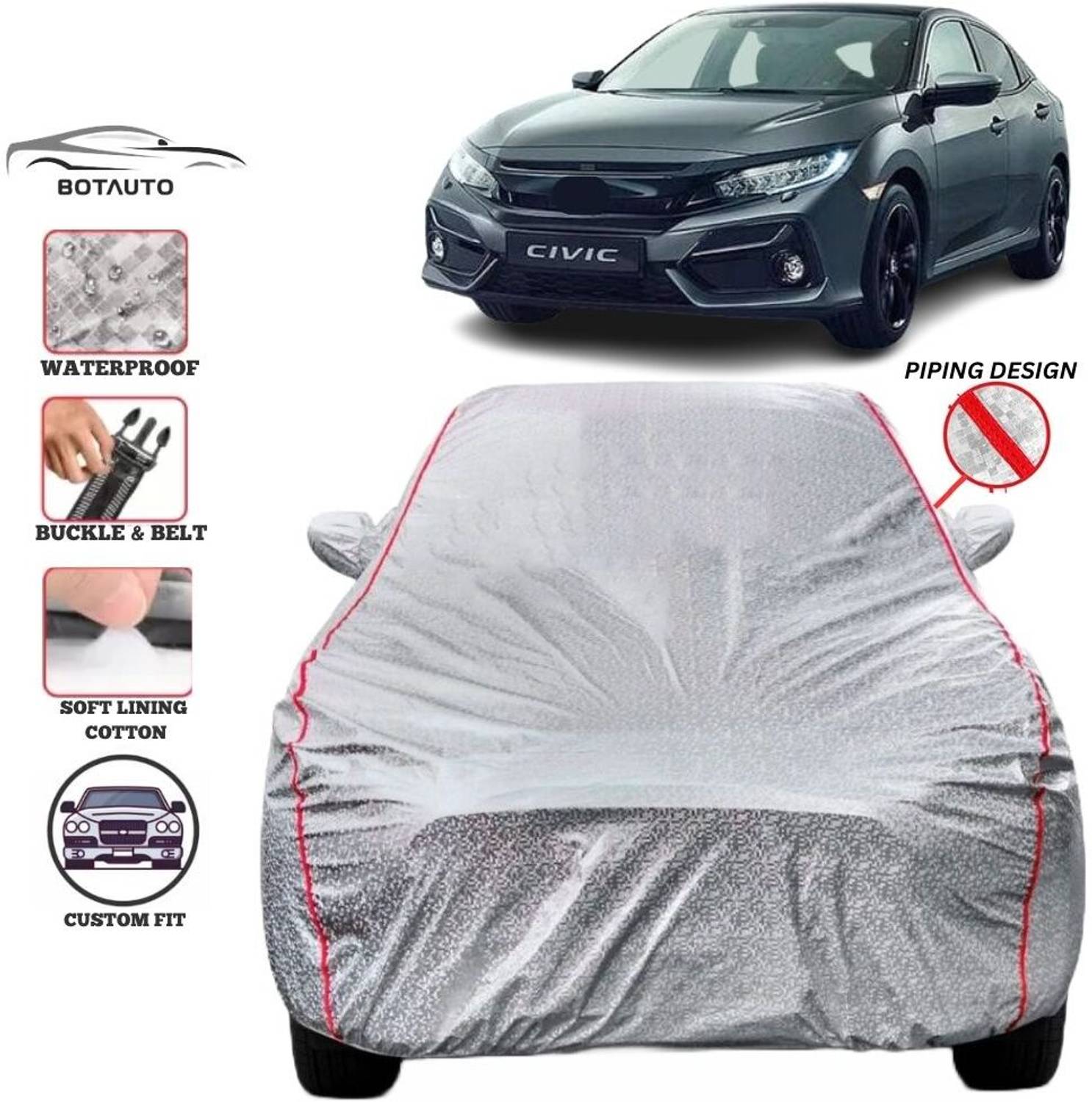 BOTAUTO Car Cover For Honda Civic, Civic 1.8, Universal For Car, Civic RS (With Mirror Pockets)