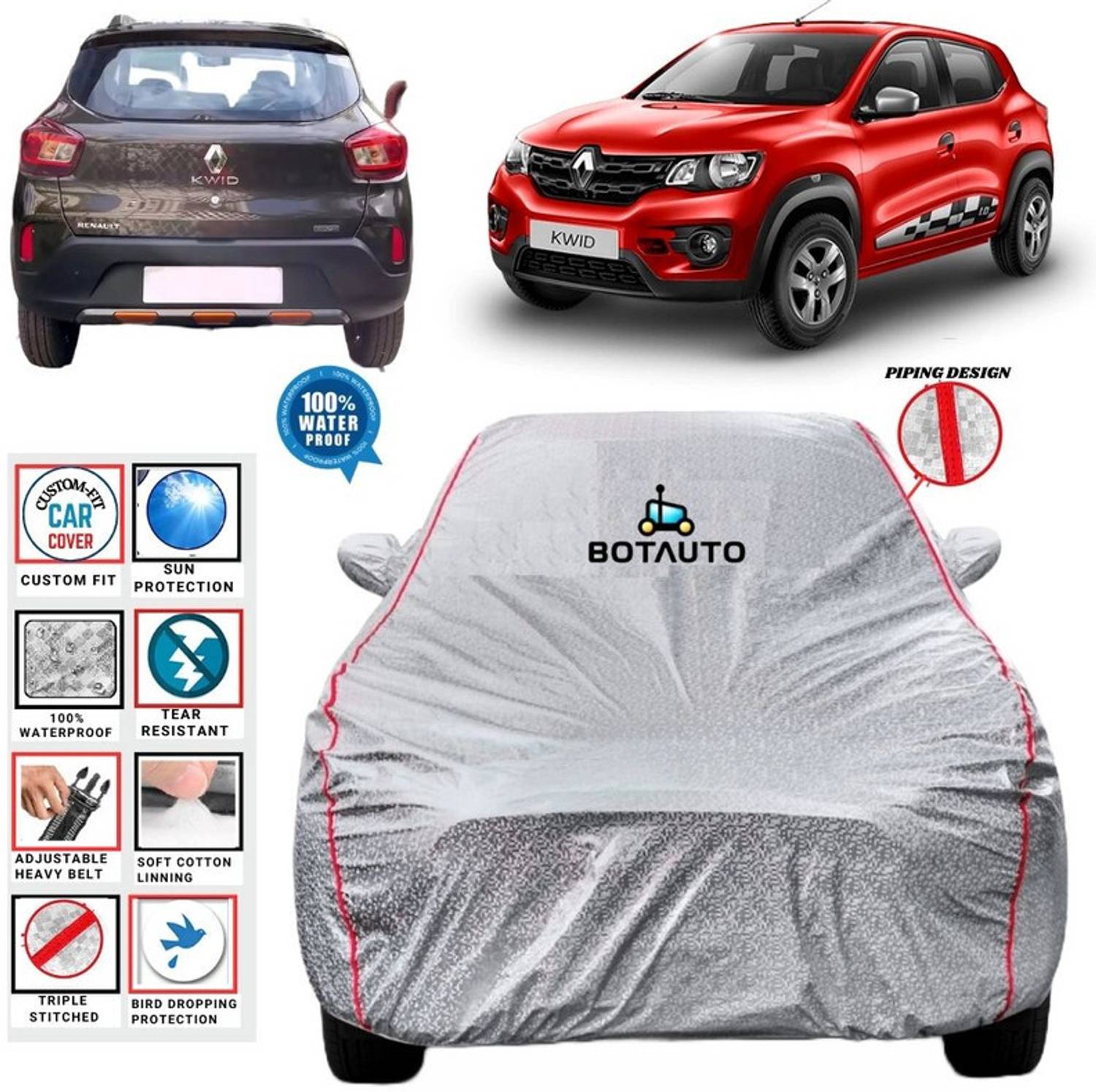 BOTAUTO Car Cover For Renault Kwid, Universal For Car (With Mirror Pockets)