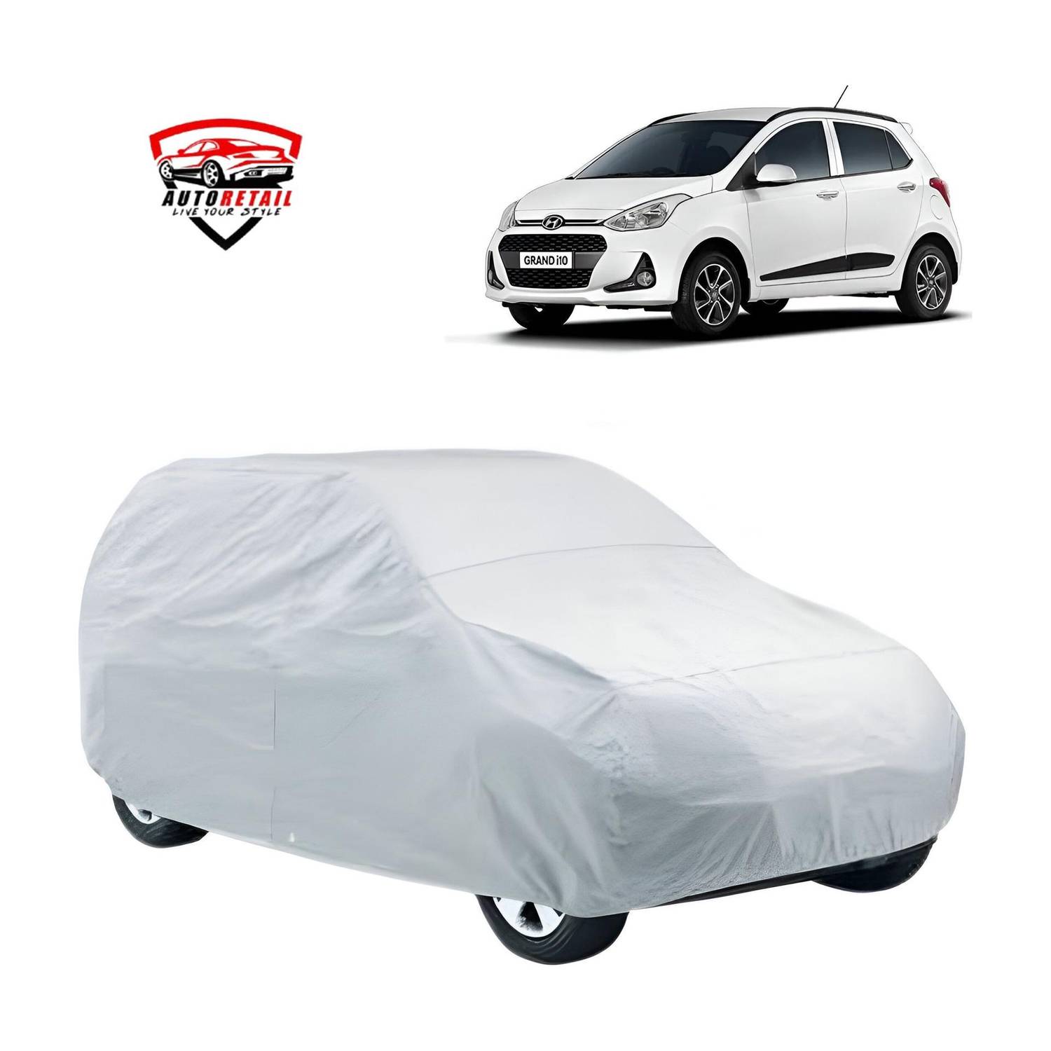 AutoRetail Car Cover For Hyundai Grand i10, Grand i10 Asta Option, Grand i10 Asta Option AT, Grand i10 CRDi Asta Option, Grand i10 CRDi Era, Grand i10 CRDi Magna, Grand i10 CRDi Sportz, Grand i10 Era, Grand i10 Magna, Grand i10 Magna AT, Grand i10 Magna CNG, Grand i10 Magna Petrol (Without Mirror Pockets)