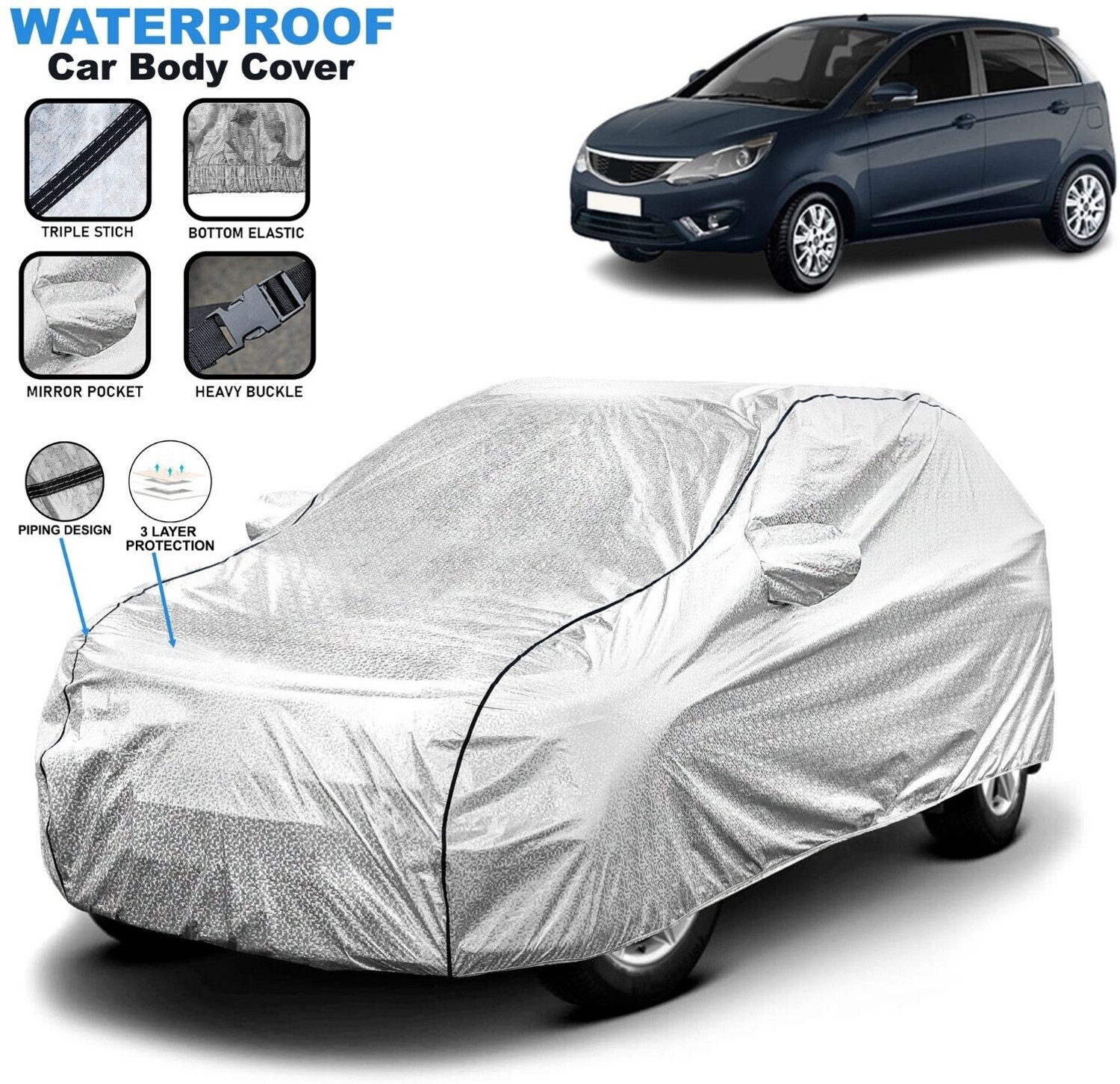 Image of Grizzly Car Cover For Tata Bolt Quadrajet XE, Bolt Quadrajet XE Diesel, Bolt Quadrajet XM, Bolt Quadrajet XM Diesel, Bolt Quadrajet XMS, Bolt Quadrajet XMS Diesel, Bolt Quadrajet XT (With Mirror Pockets)