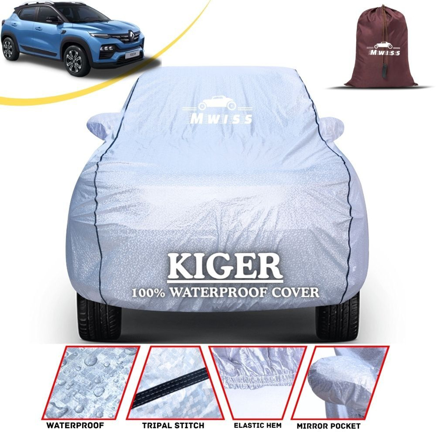 Image of Mwiss Car Cover For Renault Kiger, Universal For Car (With Mirror Pockets)