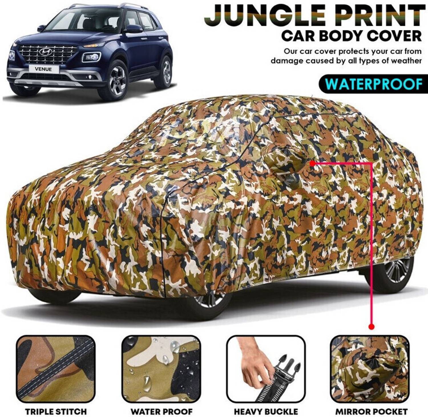 BOTAUTO Car Cover For Hyundai Venue, Venue E 1.2 Petrol, Venue E 1.4 CRDi, Universal For Car (With Mirror Pockets)