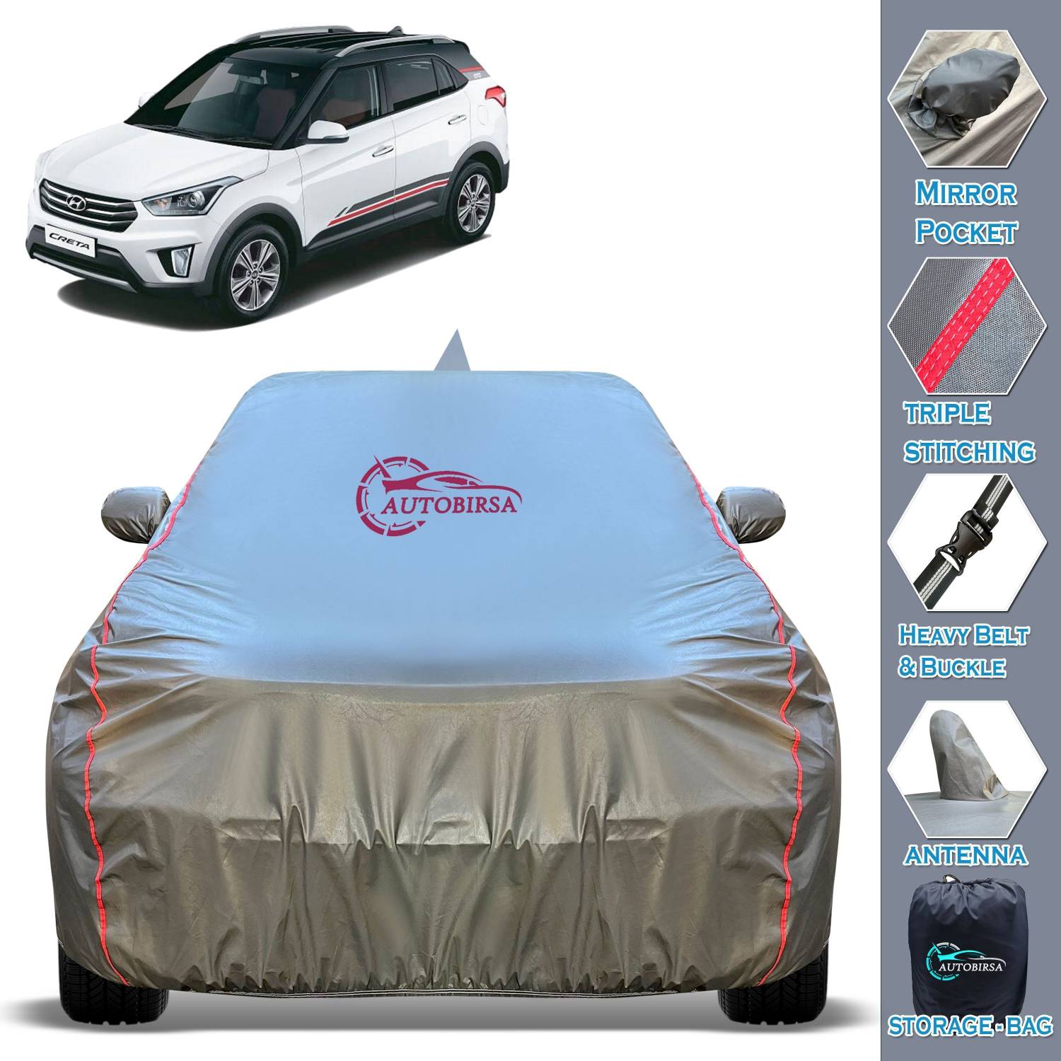 AUTOBIRSA Car Cover For Hyundai Creta, Creta 1.4 CRDi L, Creta 1.6 E Plus Diesel (With Mirror Pockets)