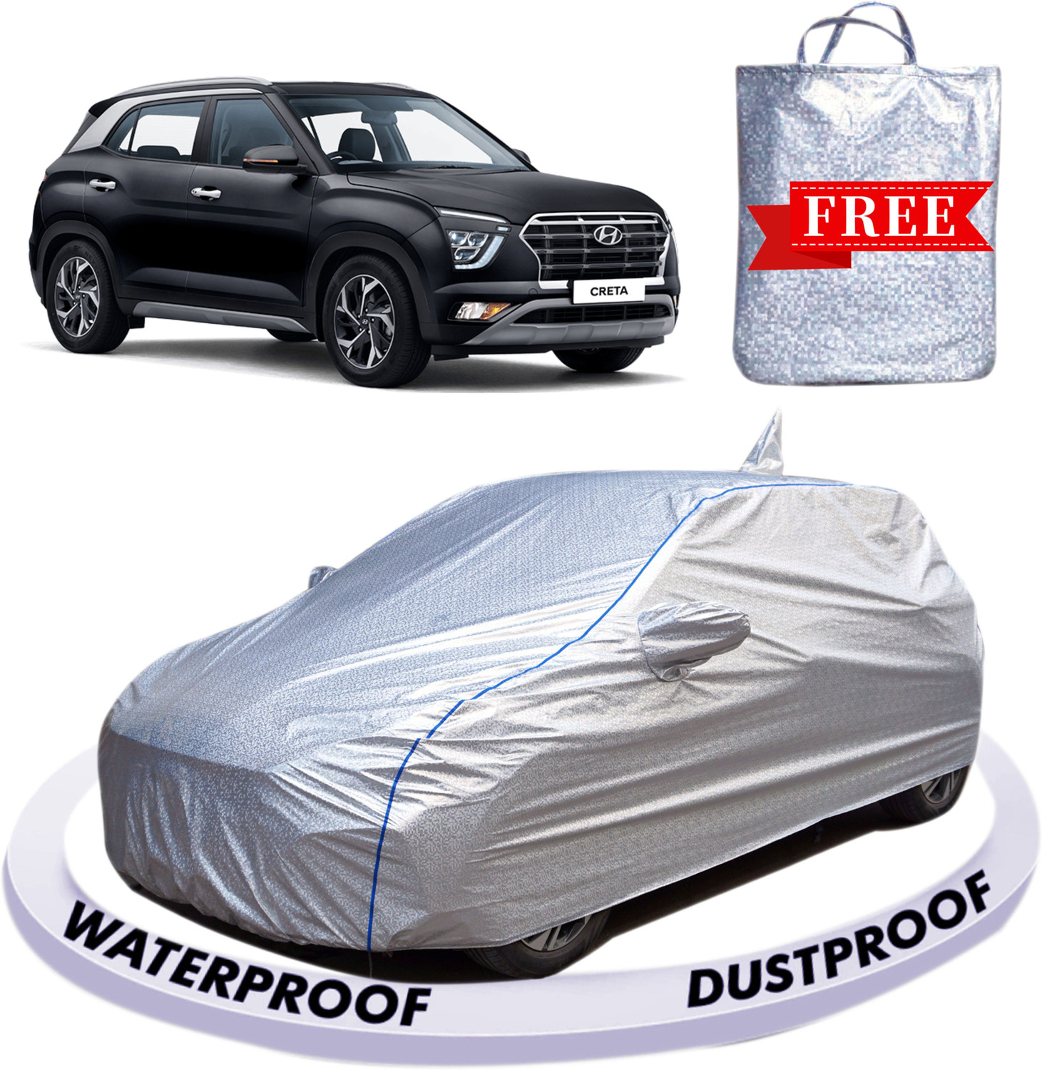 Image of FABZEX Car Cover For Hyundai Creta, Creta 1.4 CRDi L, Creta 1.6 E Plus Petrol, Creta 1.4 E Plus Diesel, Creta 1.6 EX Diesel, Creta 1.6 E Plus Petrol, Creta 1.6 SX, Creta 1.6 SX Dual Tone Diesel, Creta 1.6 SX Automatic Petrol, Creta 1.6 SX Option Diesel (With Mirror Pockets)