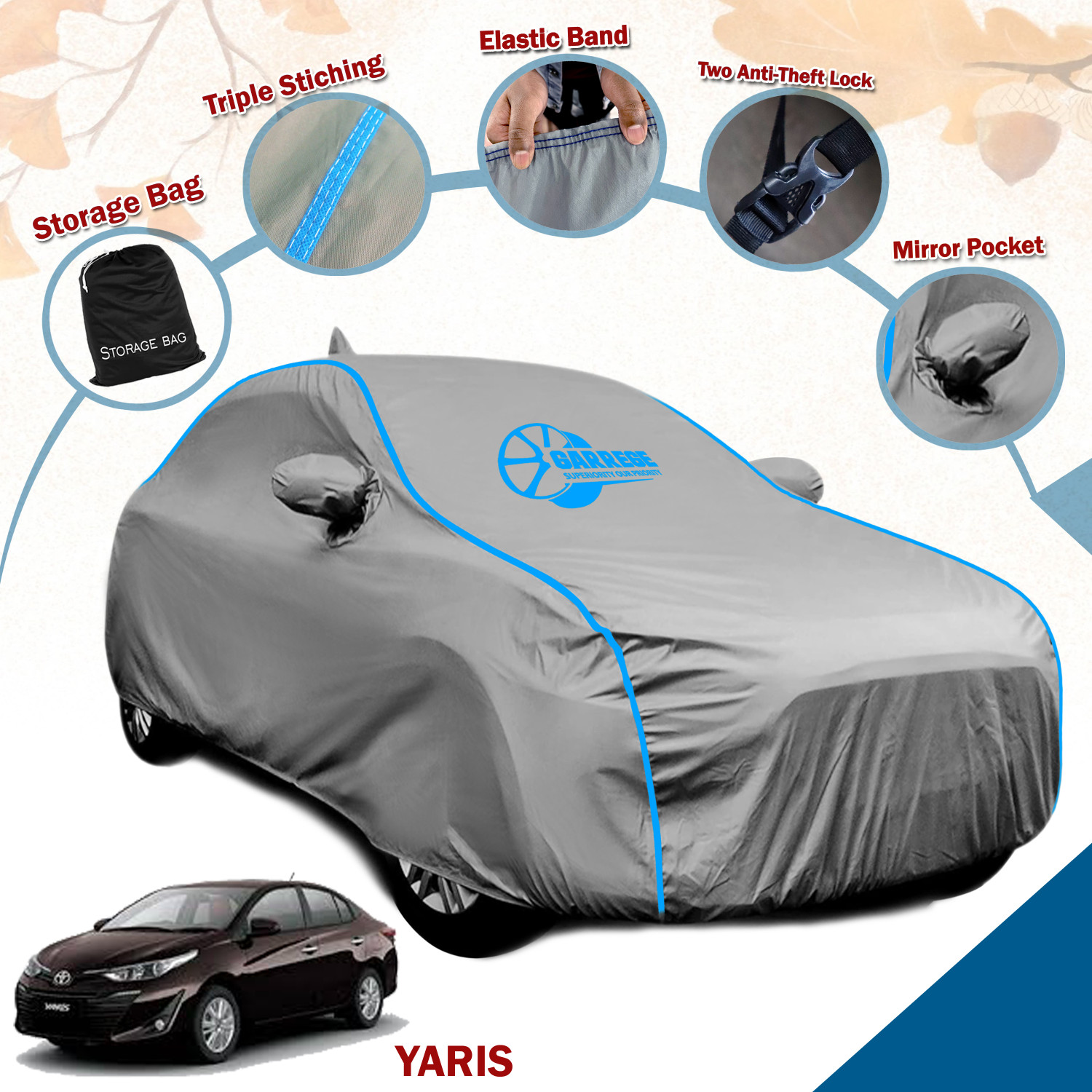 Image of GARREGE Car Cover For Toyota Yaris, Yaris G CVT Petrol, Yaris G (With Mirror Pockets)