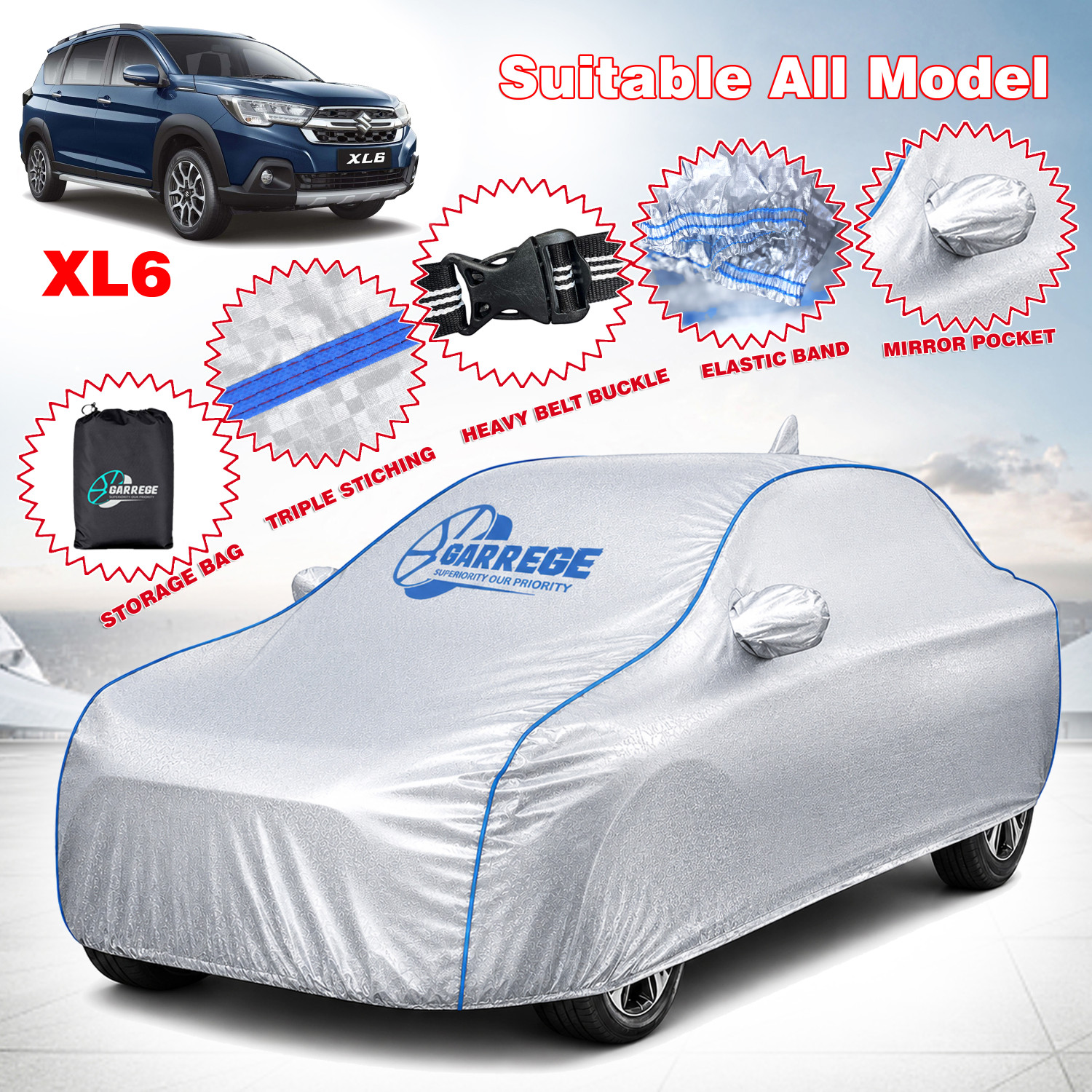 Image of GARREGE Car Cover For Maruti Suzuki XL6 (With Mirror Pockets)