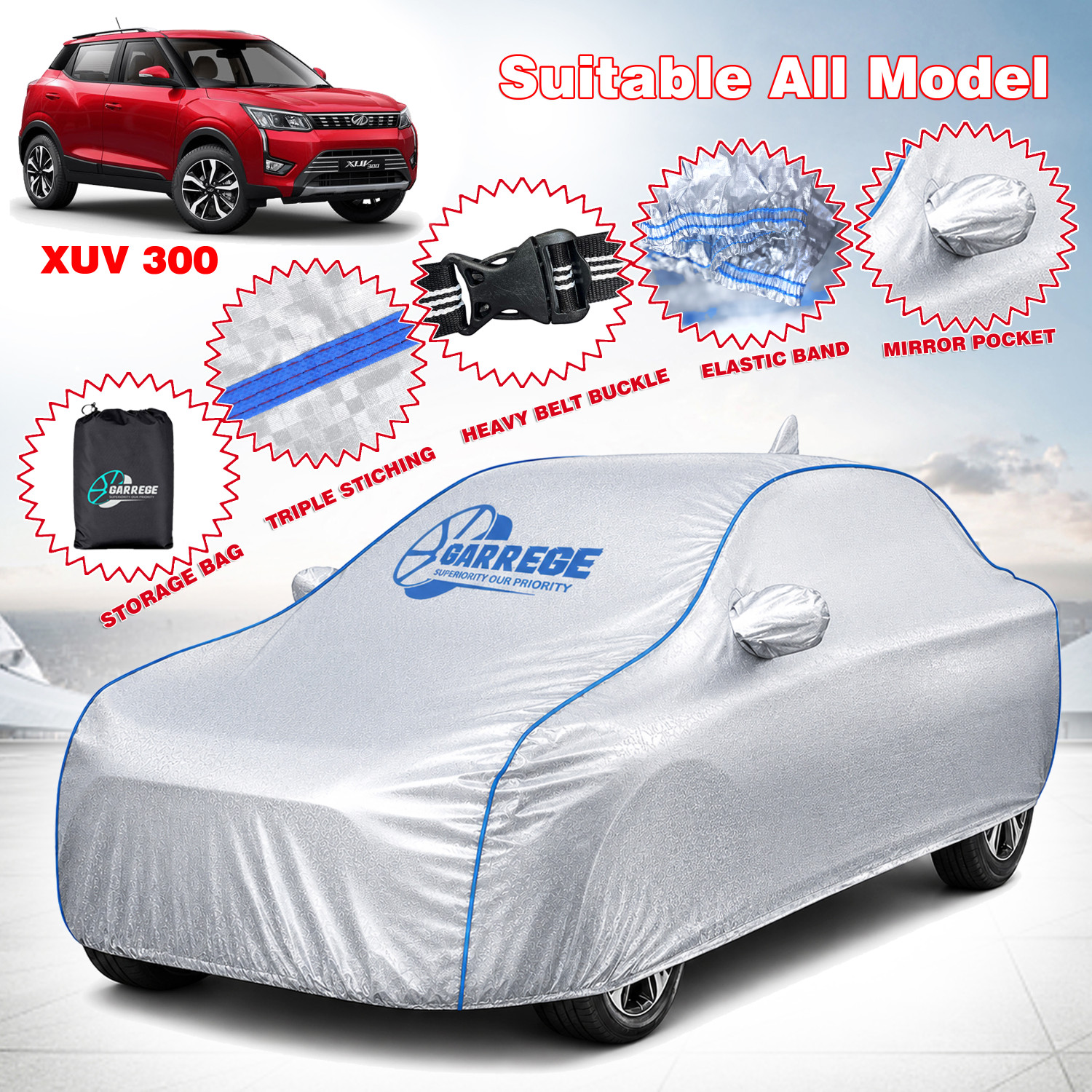 Image of GARREGE Car Cover For Mahindra XUV 300 (With Mirror Pockets)