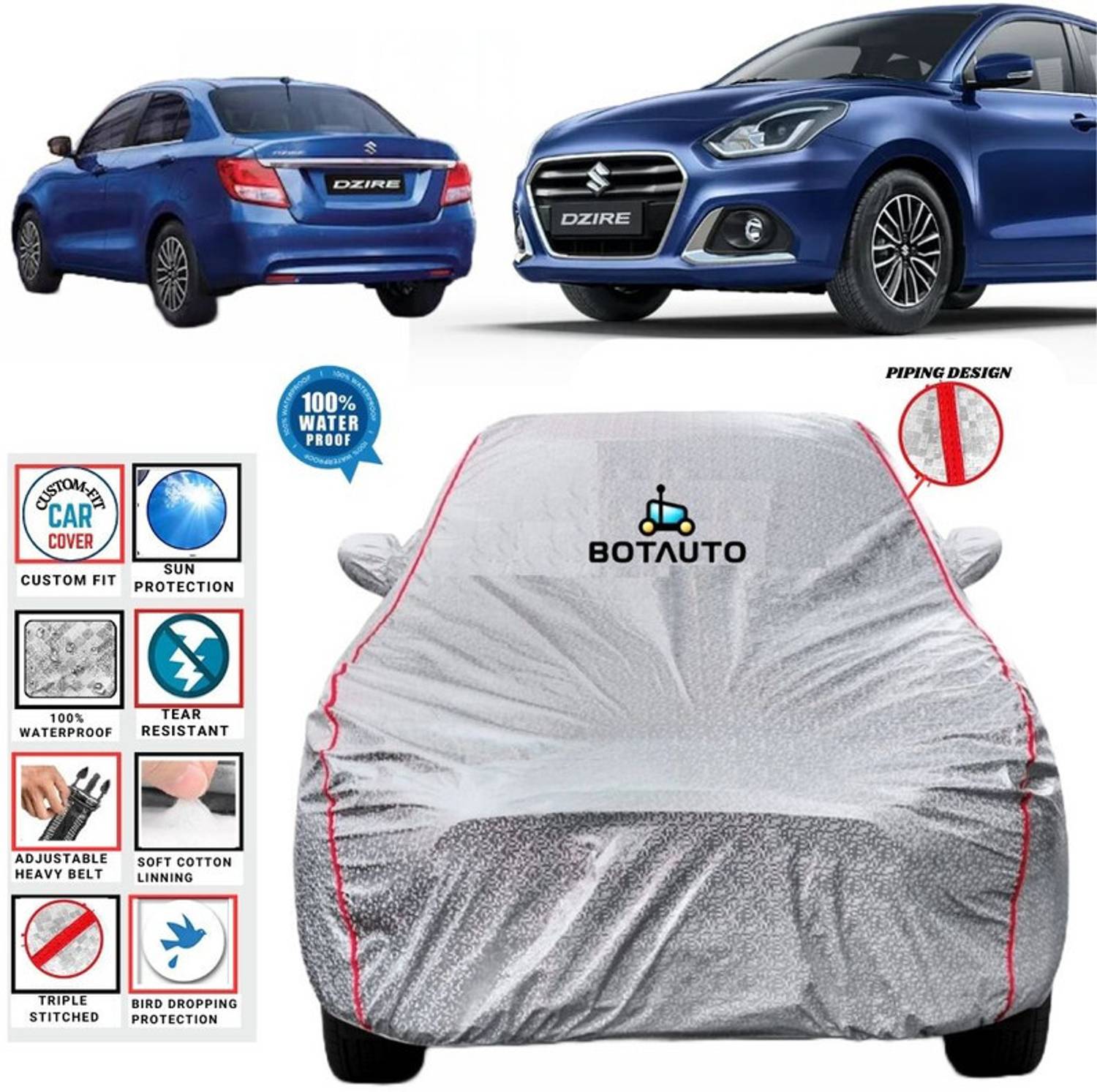 BOTAUTO Car Cover For Maruti Suzuki Swift Dzire, Swift Dzire 1.2L, Universal For Car (With Mirror Pockets)