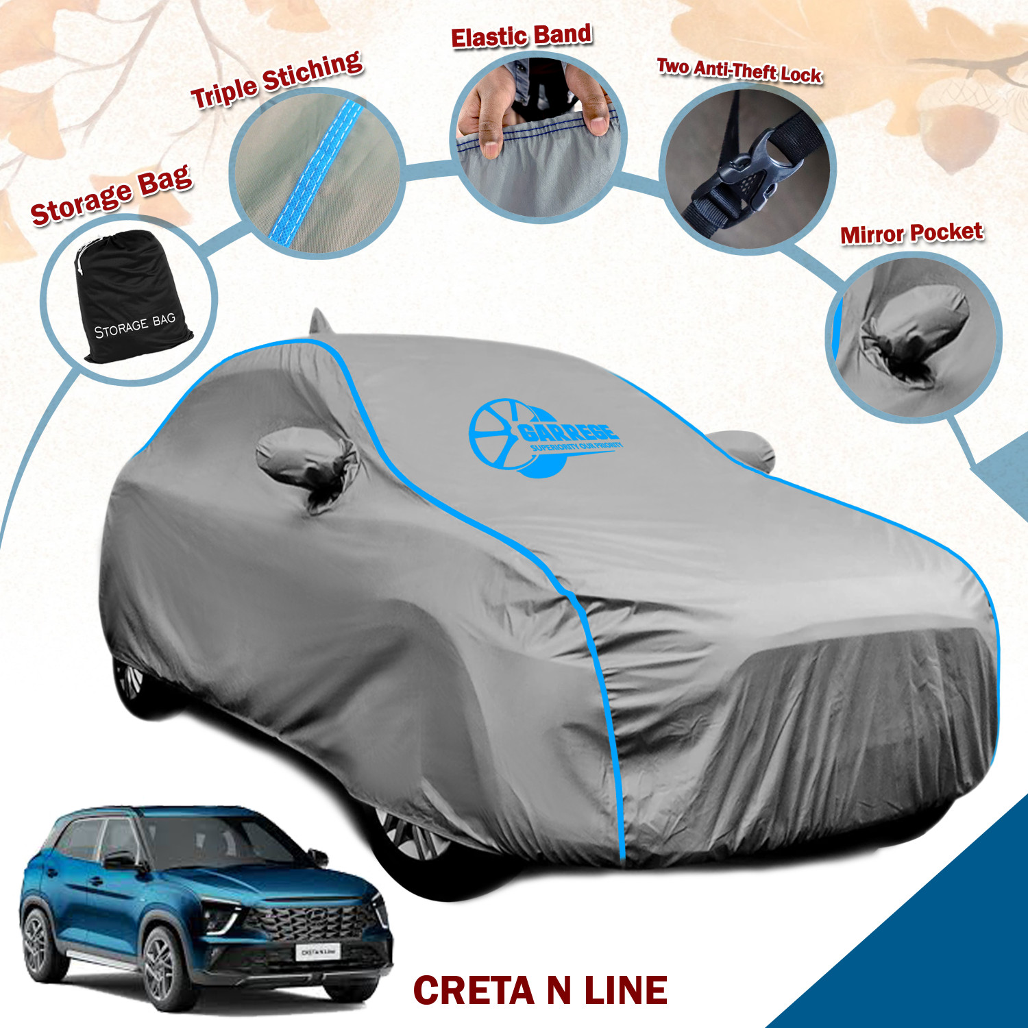 Image of GARREGE Car Cover For Hyundai Creta, Creta 1.6 E Plus Diesel, Creta 1.6 E Plus (With Mirror Pockets)
