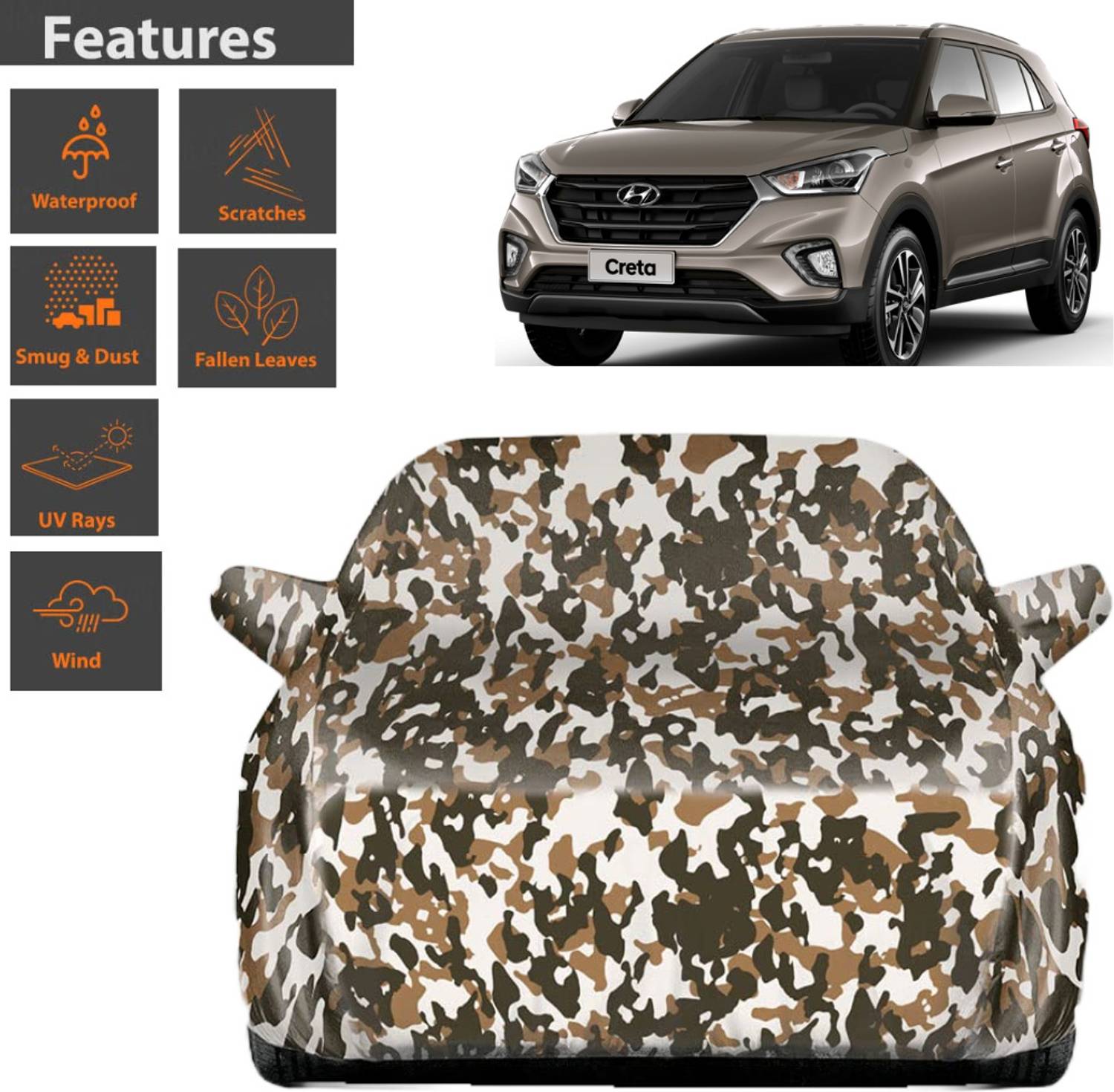 BOTAUTO Car Cover For Hyundai Creta, Creta 1.4 CRDi L, Creta 1.6 E, Universal For Car (With Mirror Pockets)