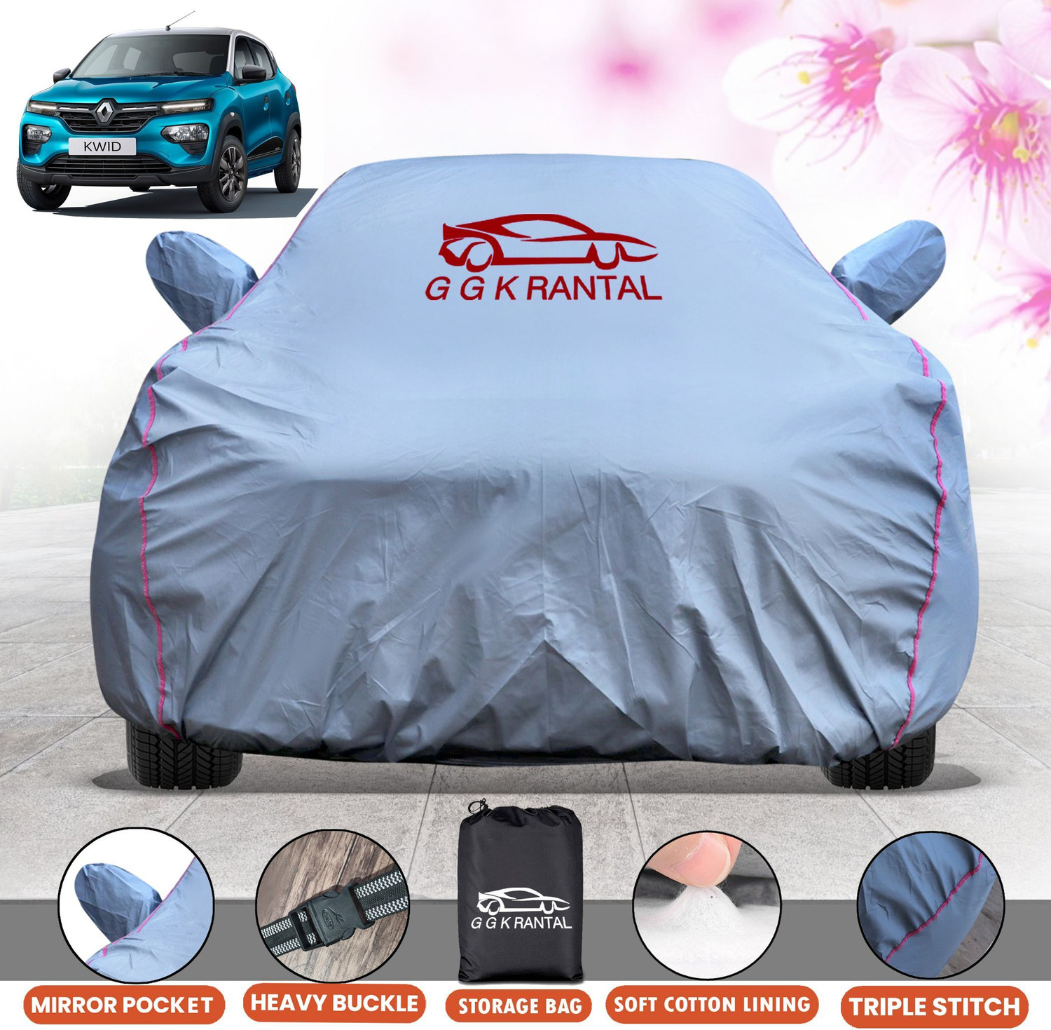 Image of G G K RANTAL Car Cover For Renault Kwid (With Mirror Pockets)