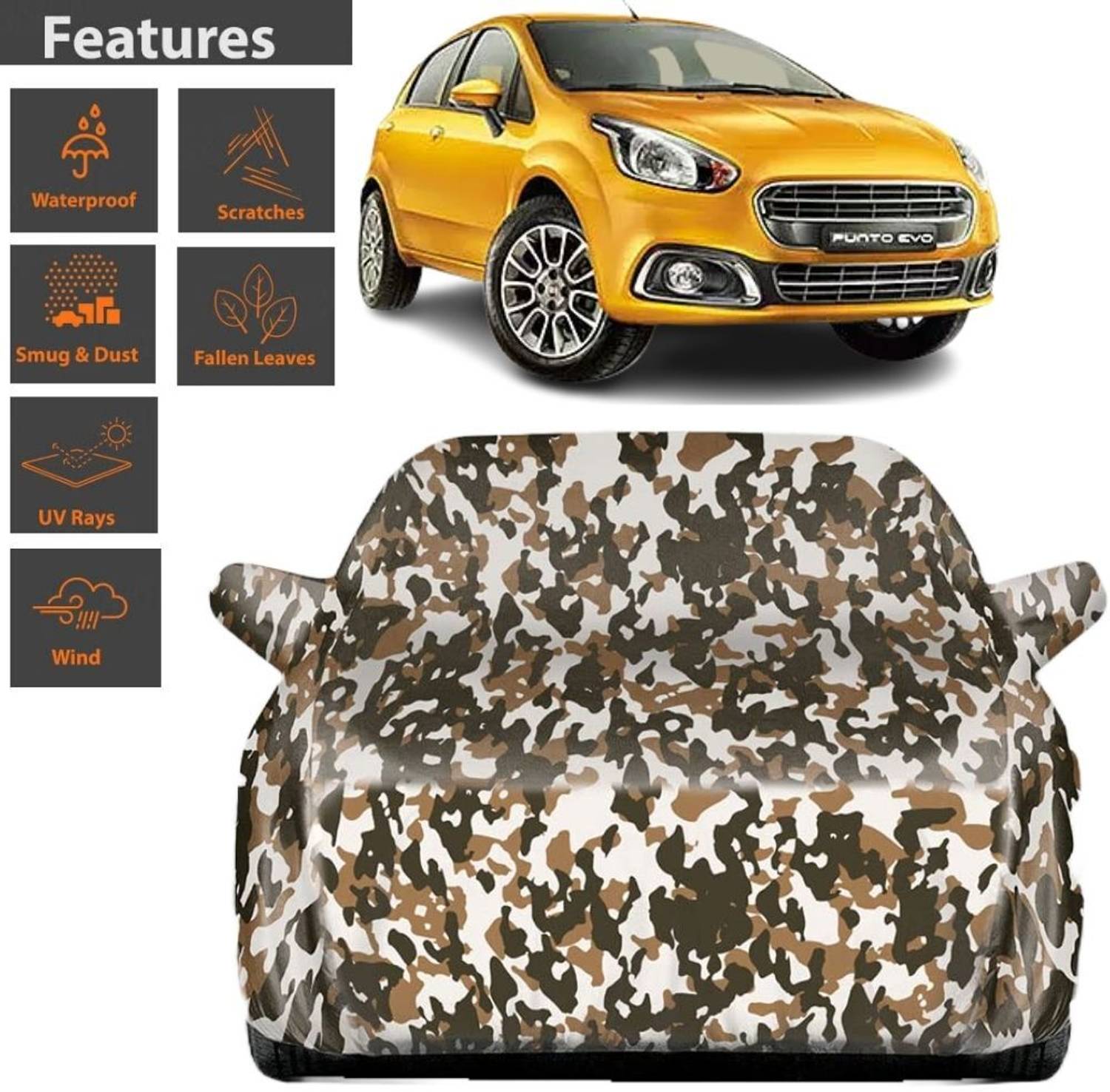 BOTAUTO Car Cover For Fiat Punto Evo, Universal For Car, Punto EVO 1.2 Active (With Mirror Pockets)