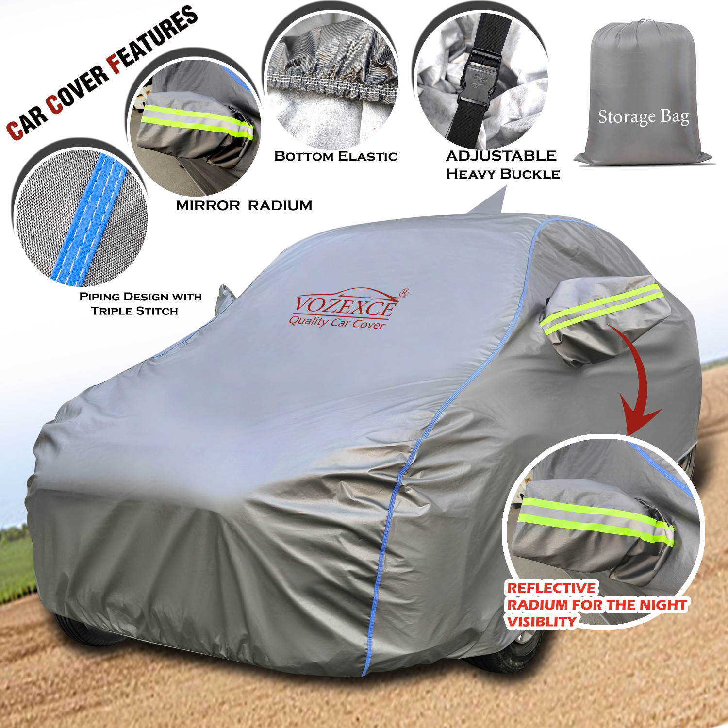 Image of VOZEXCE Car Cover For Tata Tiago, Tiago Facelift (With Mirror Pockets)