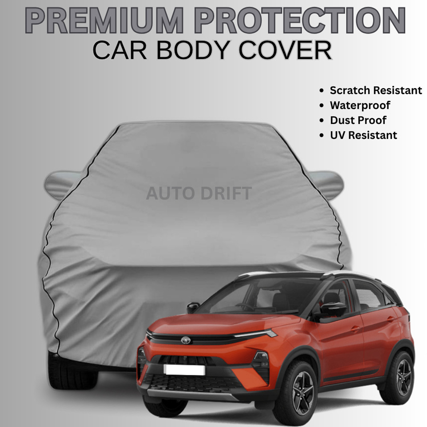 Image of Auto Drift Car Cover For Tata Nexon, Nexon 1.2 Revotron XE, Nexon 1.2 Revotron XM, Nexon 1.2 Revotron XMA, Nexon 1.2 Revotron XT, Nexon 1.2 Revotron XZ, Nexon 1.2 Revotron XZ Plus, Nexon 1.2 Revotron XZ Plus Dual Tone, Nexon 1.2 Revotron XZA Plus, Nexon 1.2 Revotron XZA Plus DualTone, Nexon 1.5 Revotorq XE, Nexon 1.5 Revotorq XM, Nexon 1.5 Revotorq XMA, Nexon 1.5 Revotorq XT, Nexon 1.5 Revotorq XZ, Nexon 1.5 Revotorq XZ Plus, Nexon 1.5 Revotorq XZ Plus Dual Tone, Nexon 1.5 Revotorq XZA Plus, Nexon 1.5 Revotorq XZA Plus DualTone, Nexon AMT, Nexon EV, Nexon EV XM, Nexon EV XZ Plus, Nexon EV XZ Plus LUX, Nexon Facelift, Nexon XE Diesel, Nexon XE Petrol, Nexon XM Diesel, Nexon XM Petrol, Nexon XMA AMT Diesel (With Mirror Pockets)