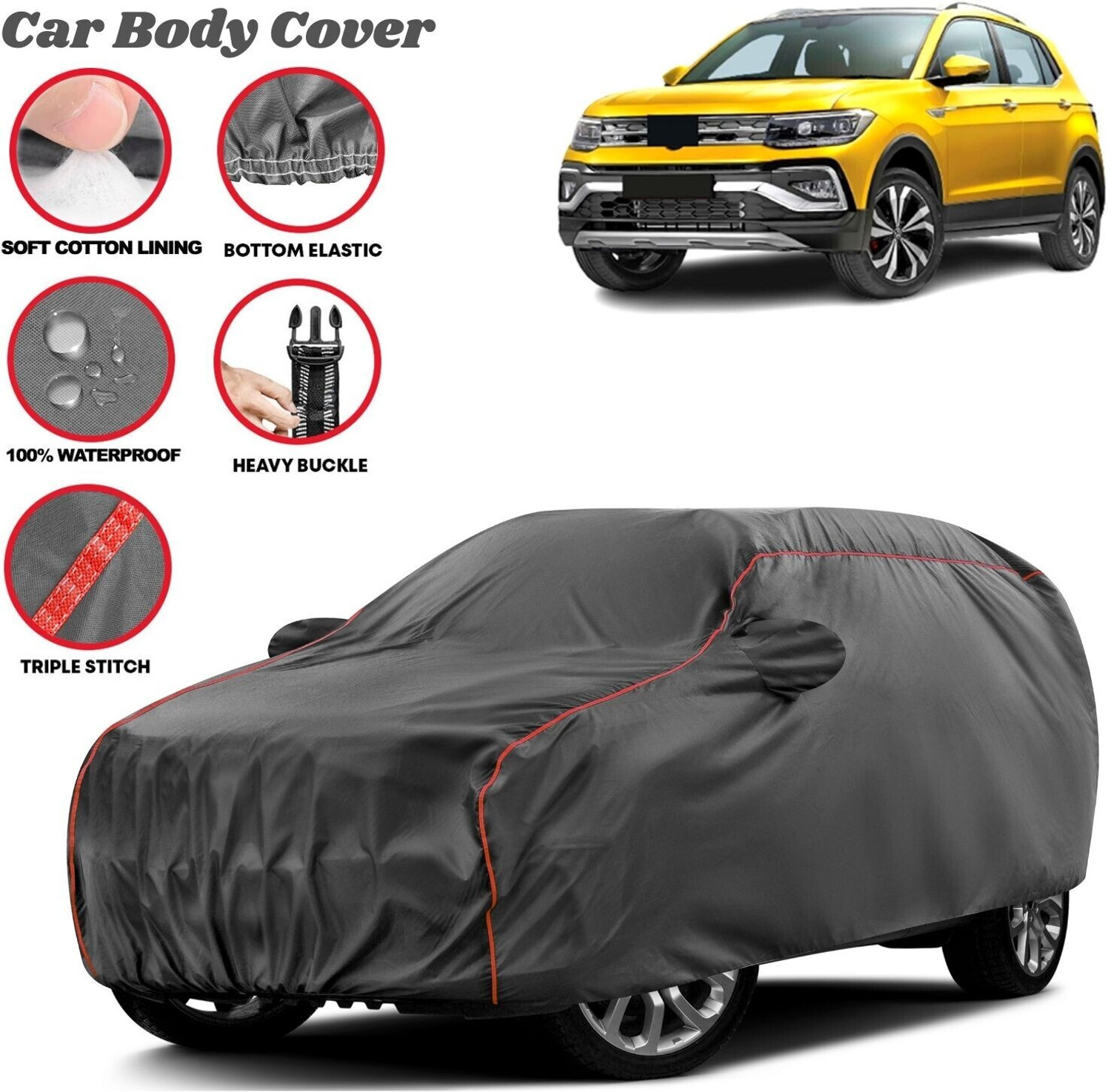 Image of Grizzly Volkswagen Taigun Body Cover (Grey, Red, For 2011, 2012, 2013, 2014, 2015, 2016, 2017, 2018, 2019, 2020, 2021, 2022, 2023, 2024 Models)