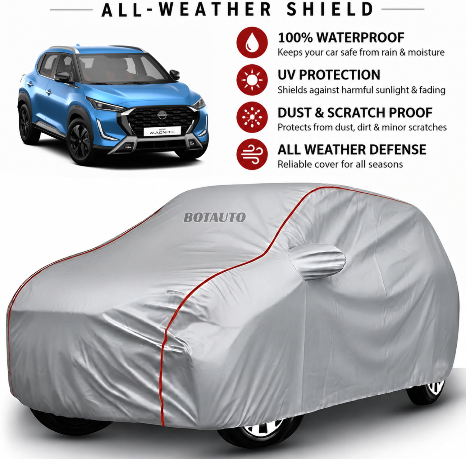 Image of BOTAUTO Nissan Magnite Body Cover (Silver, For 2018, 2019, 2020, 2021, 2022, 2023, 2024, 2025, 2026 Models)