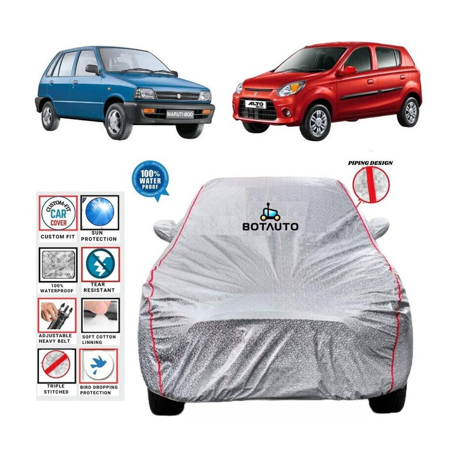 BOTAUTO Car Cover For Maruti Suzuki Alto 800, Alto 800 CNG LX, Alto 800 LX, Universal For Car (With Mirror Pockets)