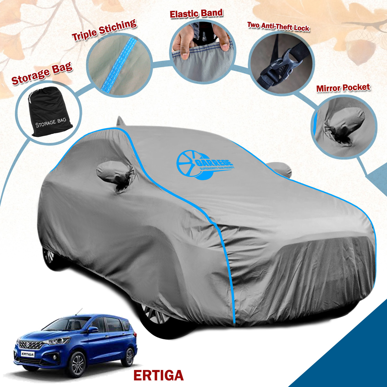 Image of GARREGE Car Cover For Maruti Suzuki Ertiga, Ertiga VXI AT Petrol, Ertiga EX (With Mirror Pockets)
