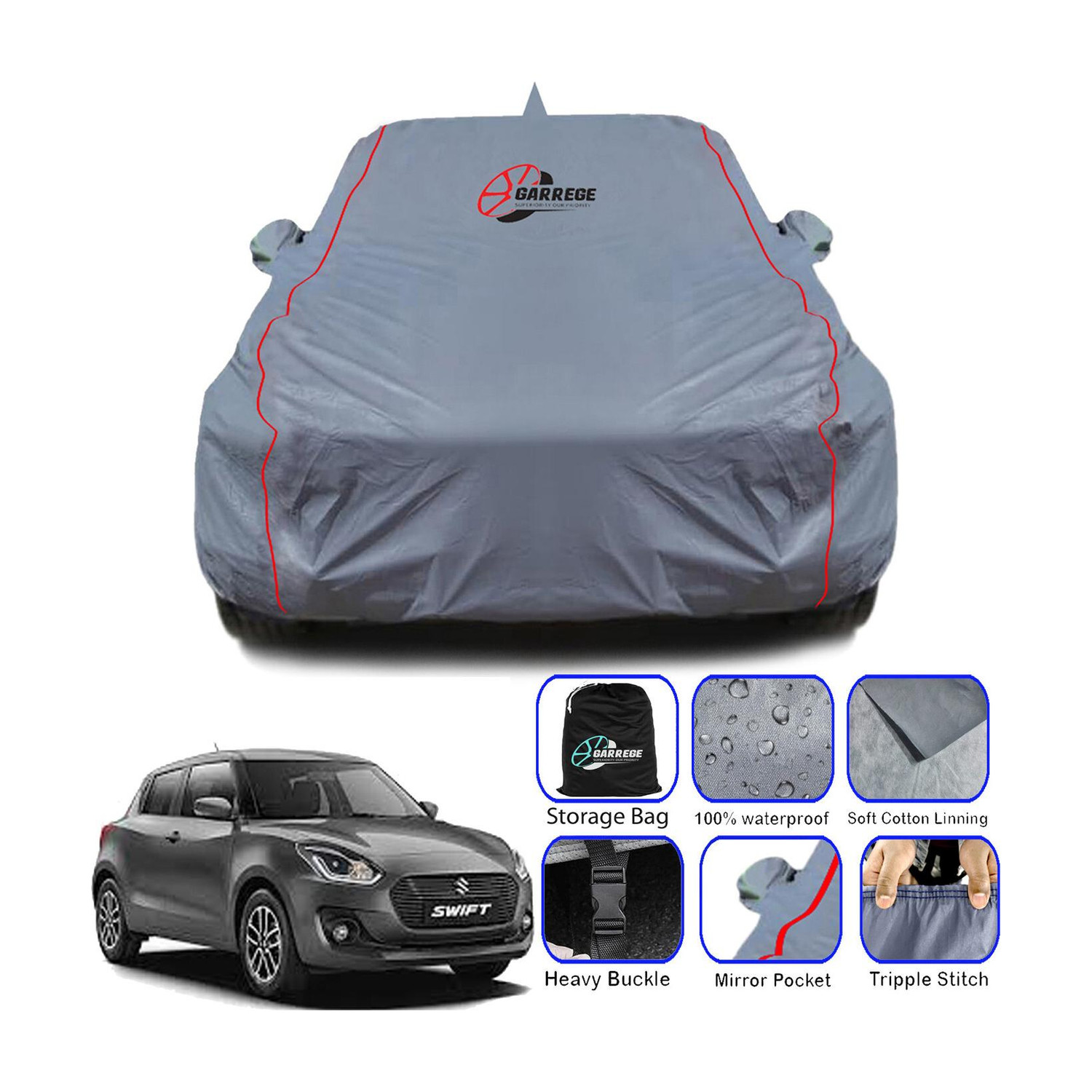 Image of GARREGE Car Cover For Maruti Swift (With Mirror Pockets)