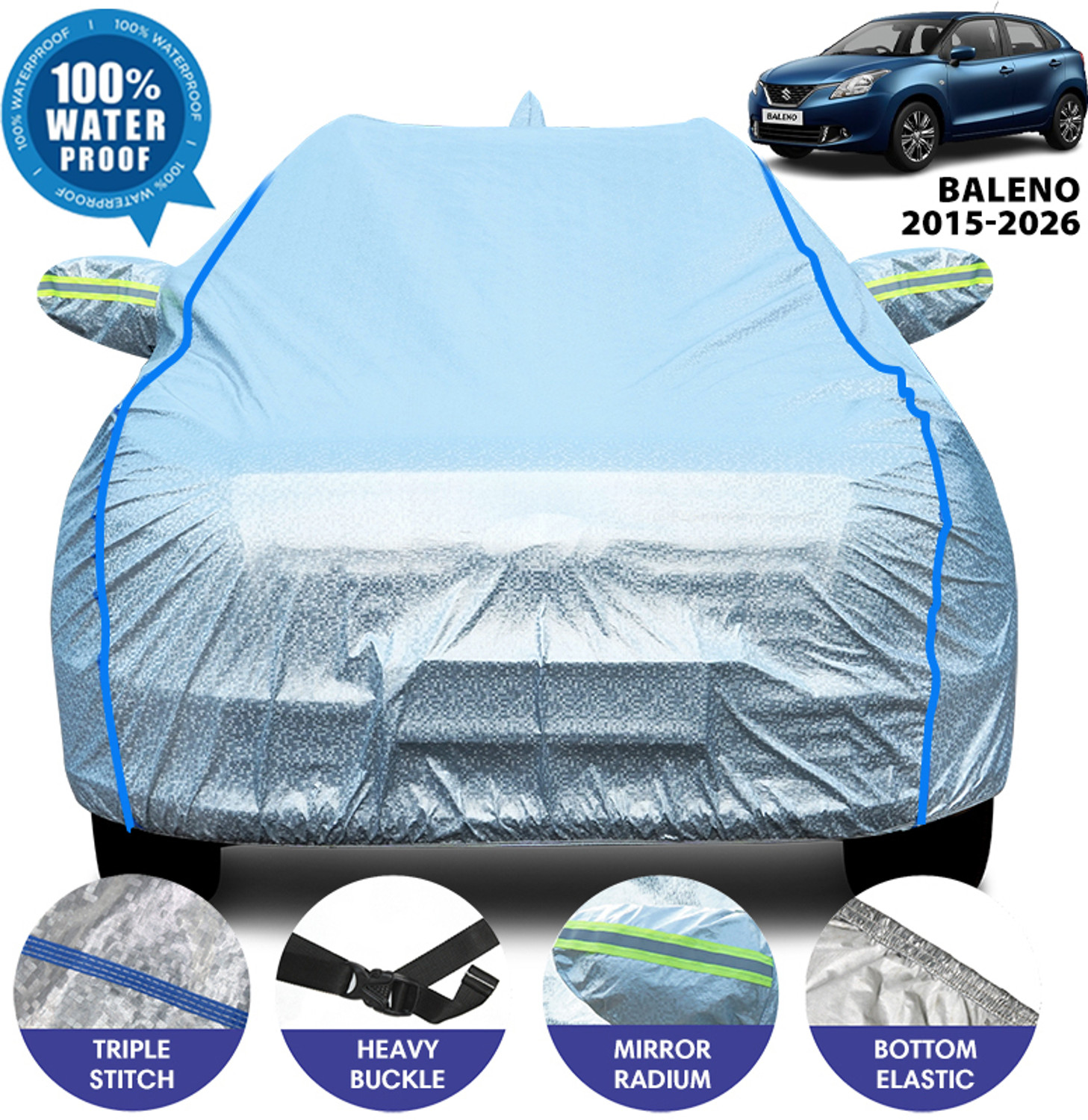 Image of Otoroys Car Cover For Maruti, Maruti Suzuki Baleno, Baleno Lxi, Baleno Vxi, Baleno ZXi, Baleno 1.2 Alpha, Baleno 1.2 Delta, Baleno 1.6i (With Mirror Pockets)