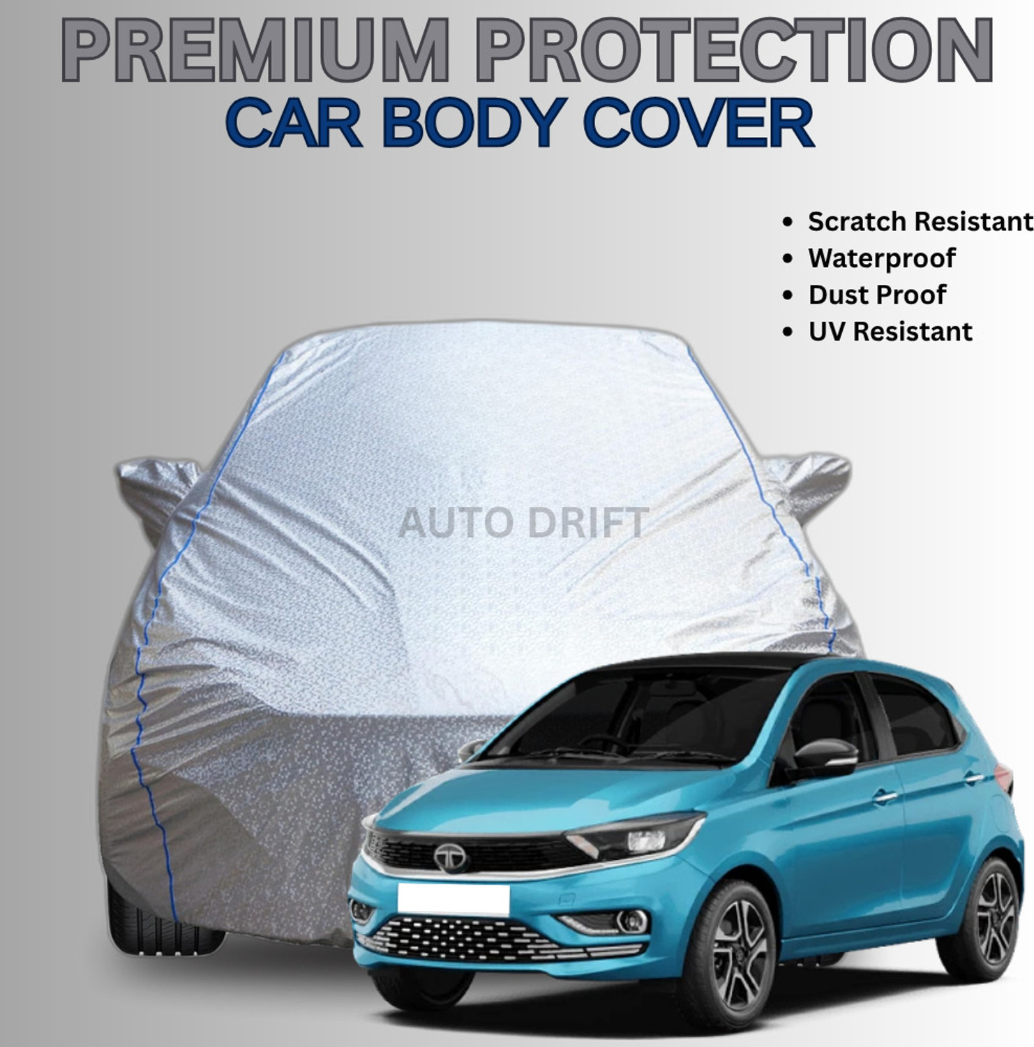 Image of Auto Drift Car Cover For Tata Tiago, Tiago 1.05 Revotorq XB, Tiago 1.05 Revotorq XE, Tiago 1.05 Revotorq XE Option, Tiago 1.05 Revotorq XM, Tiago 1.05 Revotorq XM Option, Tiago 1.05 Revotorq XT, Tiago 1.05 Revotorq XT Option, Tiago 1.05 Revotorq XZ, Tiago 1.2 Revotron XB, Tiago 1.2 Revotron XE, Tiago 1.2 Revotron XE Option, Tiago 1.2 Revotron XM, Tiago 1.2 Revotron XM Option, Tiago 1.2 Revotron XT, Tiago 1.2 Revotron XT Option, Tiago 1.2 Revotron XZ, Tiago EV, Tiago Facelift, Tiago JTP, Tiago JTP Petrol, Tiago NRG, Tiago NRG AMT Petrol, Tiago NRG Diesel, Tiago NRG Petrol, Tiago Revotron XB, Tiago Revotron XE, Tiago Revotron XE (O), Tiago Revotron XM, Tiago Revotron XM (O) (With Mirror Pockets)
