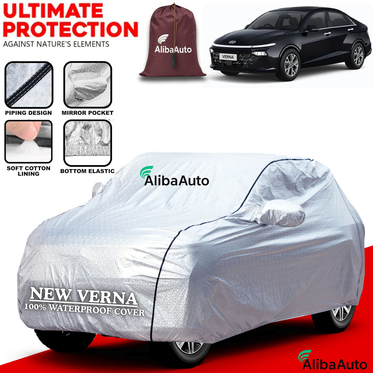 Image of AlibaAuto Car Cover For Hyundai Verna, Verna VTVT 1.6 SX Petrol, Verna VTVT 1.6 AT EX, Verna Fluidic DTHR (With Mirror Pockets)