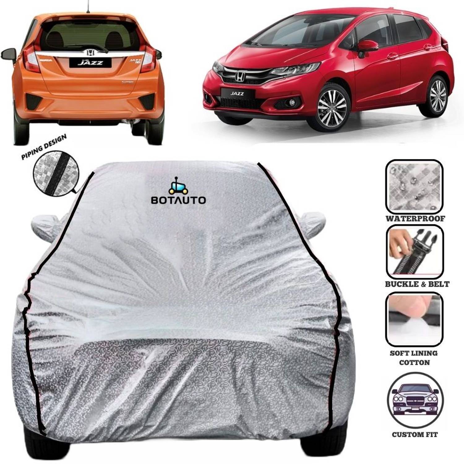 BOTAUTO Car Cover For Honda Jazz, Jazz 1.2 E i VTEC, Jazz 1.2 S AT i VTEC, Universal For Car (With Mirror Pockets)