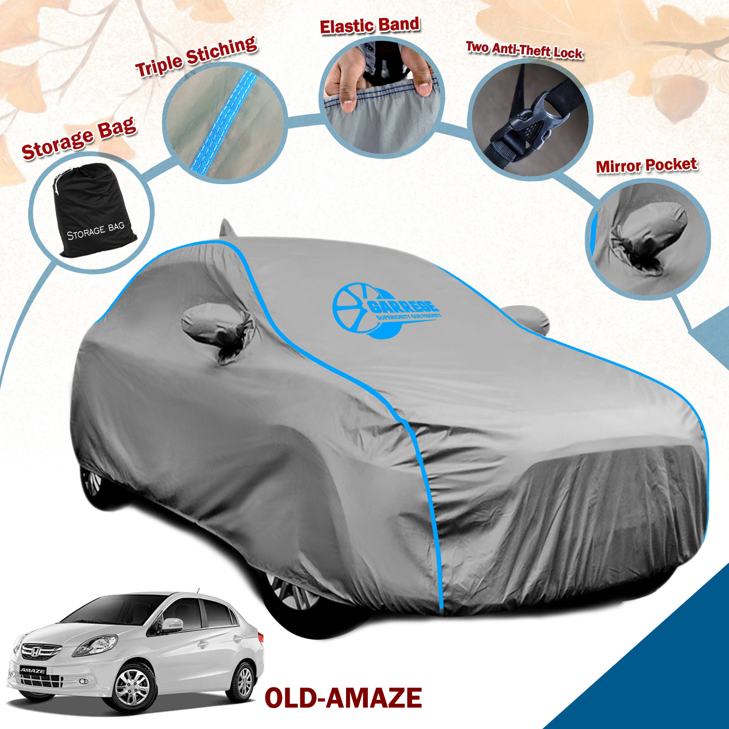 Image of GARREGE Car Cover For Honda Amaze, Amaze S CVT Diesel, Amaze EX (With Mirror Pockets)