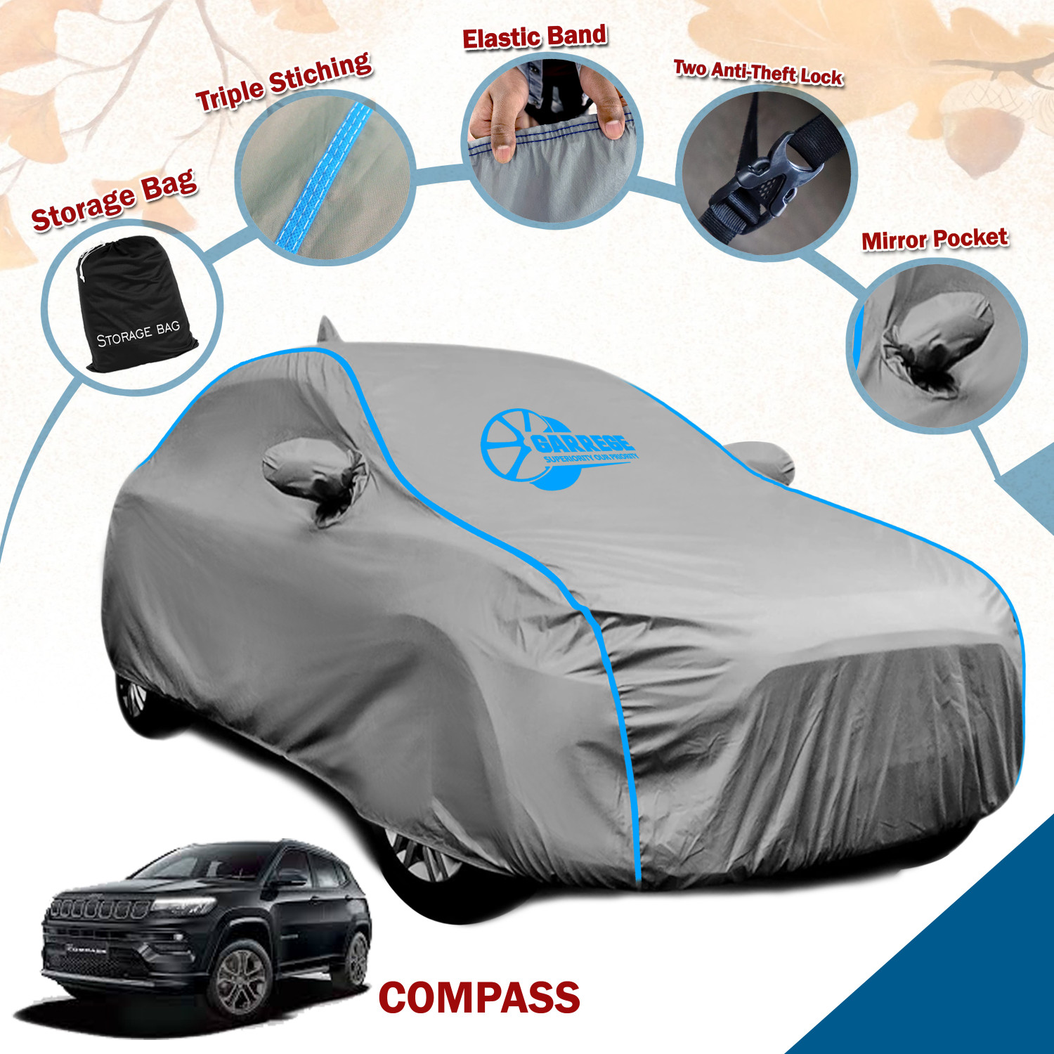 Image of GARREGE Car Cover For Jeep Compass, Compass 1.4 Limited (With Mirror Pockets)