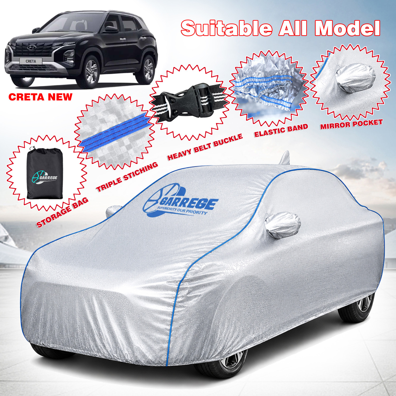 Image of GARREGE Car Cover For Hyundai Creta 2020 (With Mirror Pockets)