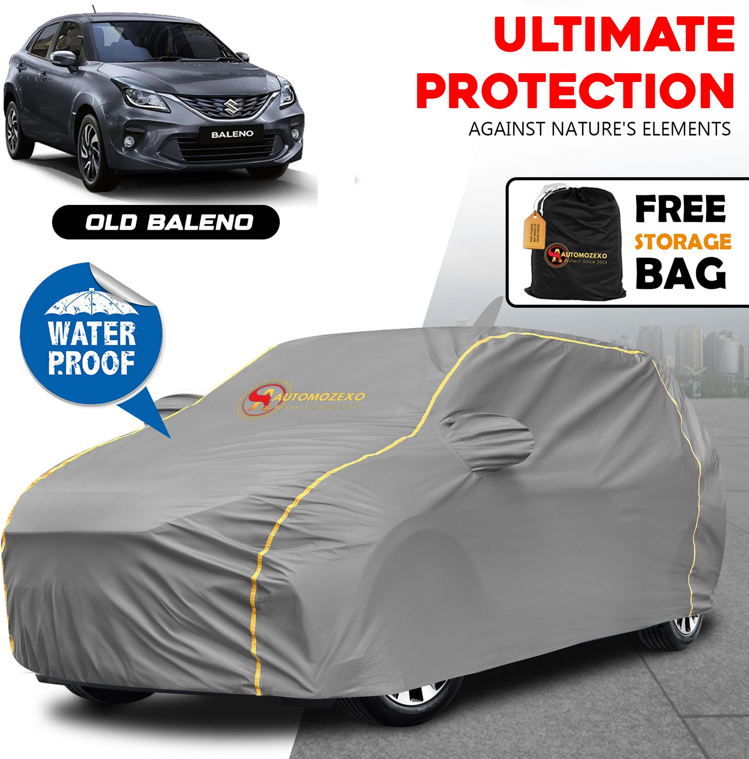 Image of AUTOMOZEXO Car Cover For Maruti Baleno, Baleno 1.2 Zeta, Baleno Alpha CVT Petrol, Baleno 1.6i (With Mirror Pockets)