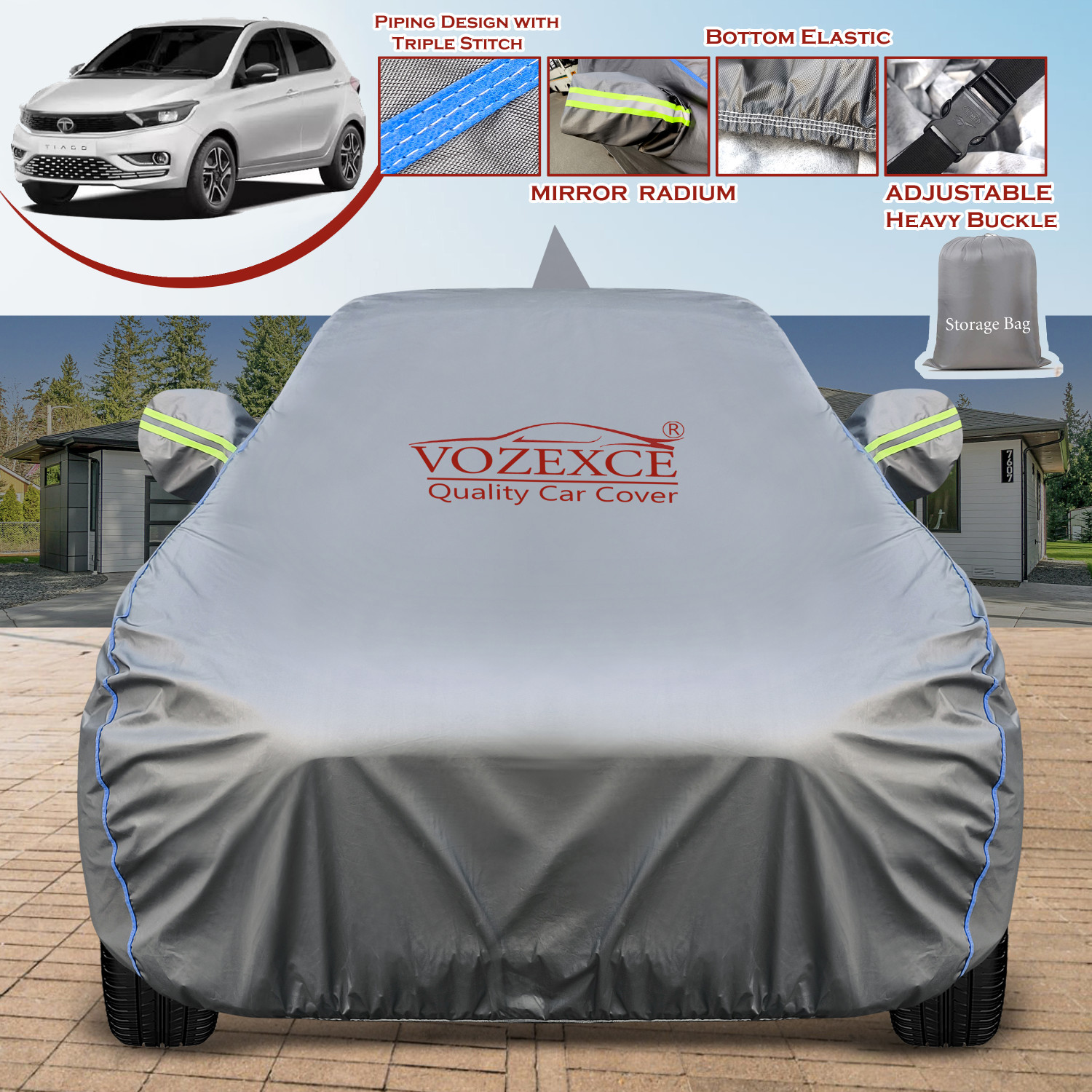 Image of VOZEXCE Car Cover For Tata Tiago, Tiago Facelift (With Mirror Pockets)