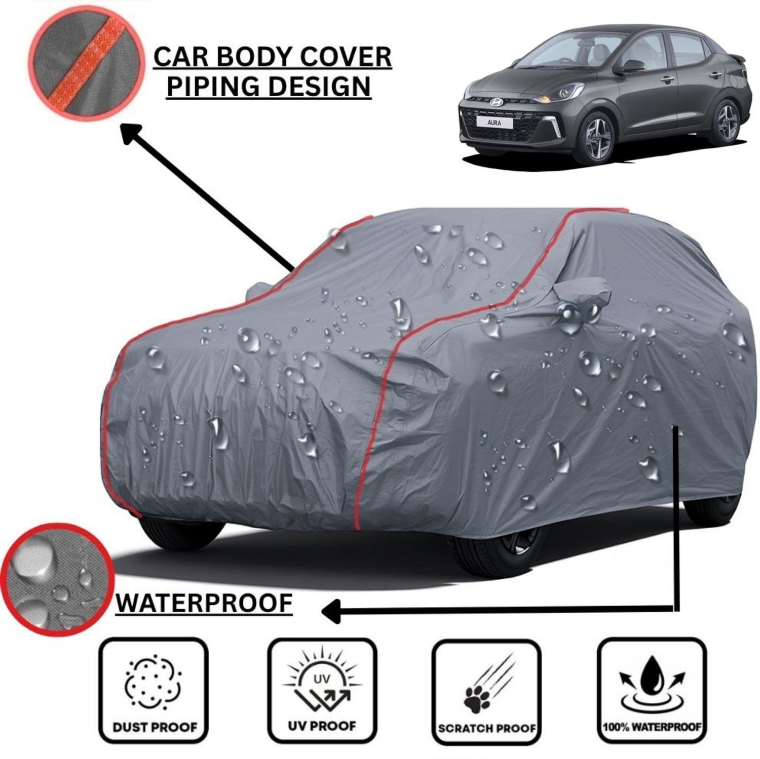Image of LE PRA Car Cover For Hyundai Aura, Aura E Petrol, Aura S AMT Diesel, Aura S AMT Petrol, Aura S CNG, Aura S Diesel, Aura S Petrol, Aura SX Option Petrol, Aura SX Petrol, Aura SX Plus AMT Diesel, Aura SX Plus AMT Petrol, Aura SX Plus Turbo Petrol, Aura SX option Diesel (With Mirror Pockets)